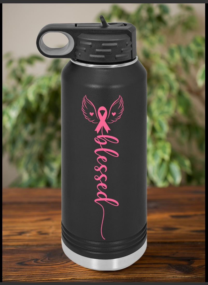 Breast Cancer BLESSED Water Bottle, Customizable 20oz Hydration Flask, Inspirational Gift, Fitness Motivator, Eco-Friendly Travel Mug, Personalized Water