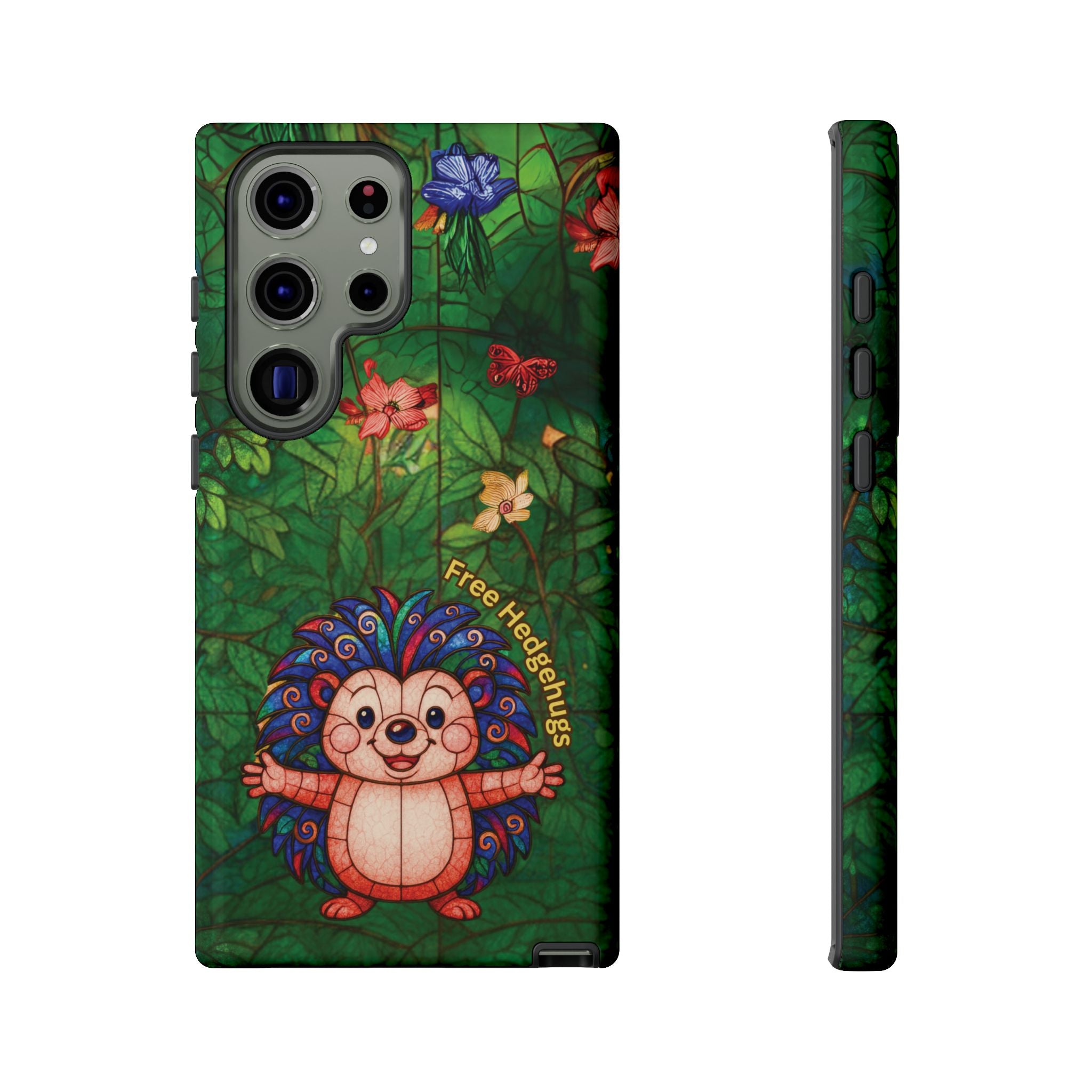 Stained Glass Hedgehog Phone Case – "Free Hedgehugs" Floral Design
