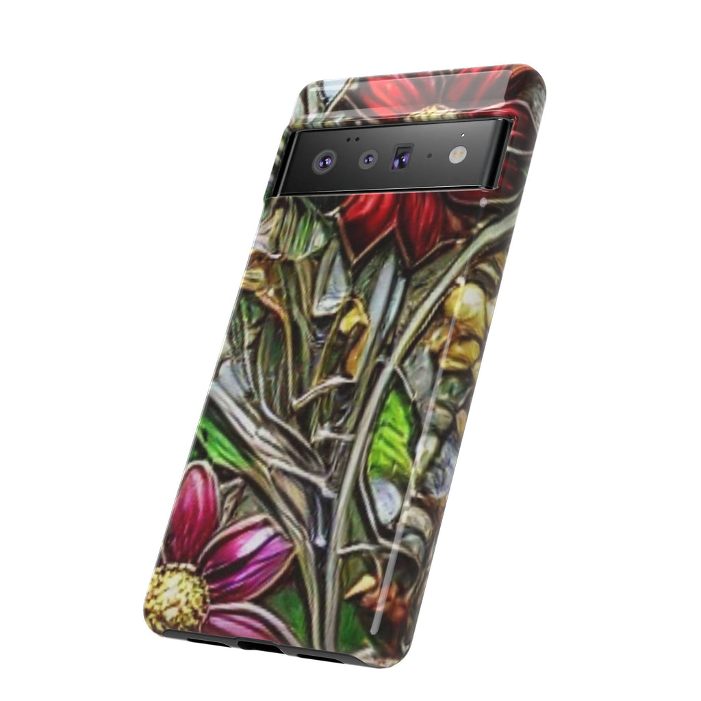 Floral Stained Glass Phone Case – Metallic Red & Purple Flower Design