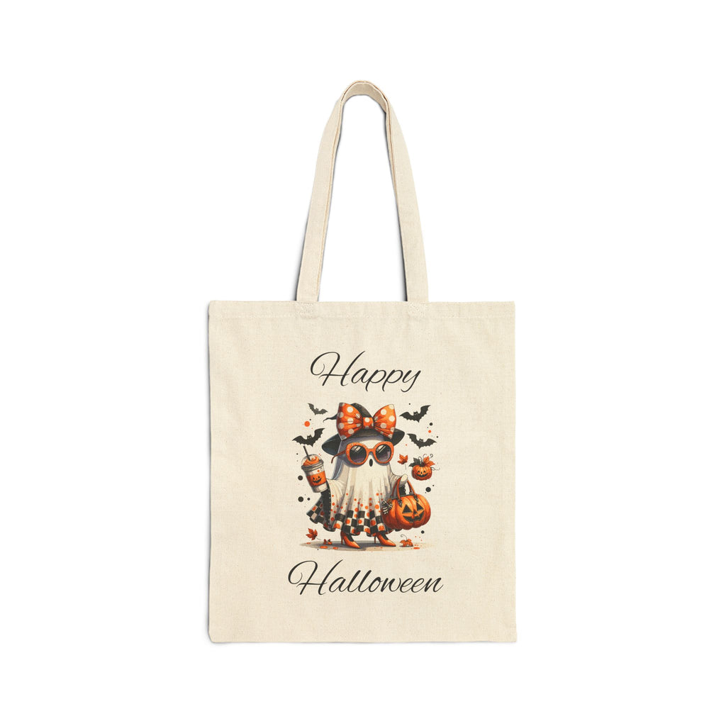 Cotton Canvas Halloween Trick or Treat Tote Bag, Fall Decor Reusable Shopping Bag Bougie Ghost Design Teacher Gift Sturdy Student Laptop Bag