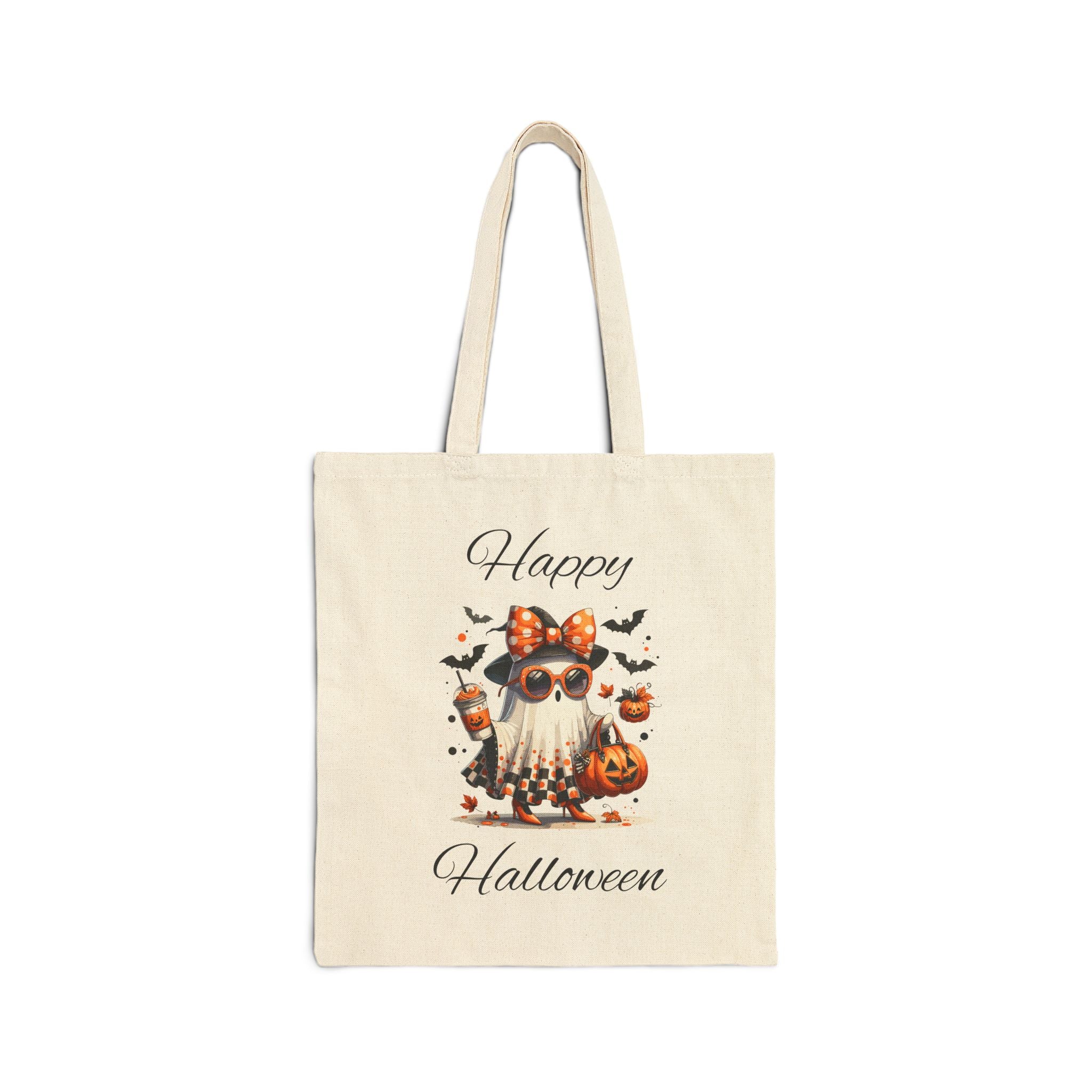 Cotton Canvas Halloween Trick or Treat Tote Bag, Fall Decor Reusable Shopping Bag Bougie Ghost Design Teacher Gift Sturdy Student Laptop Bag