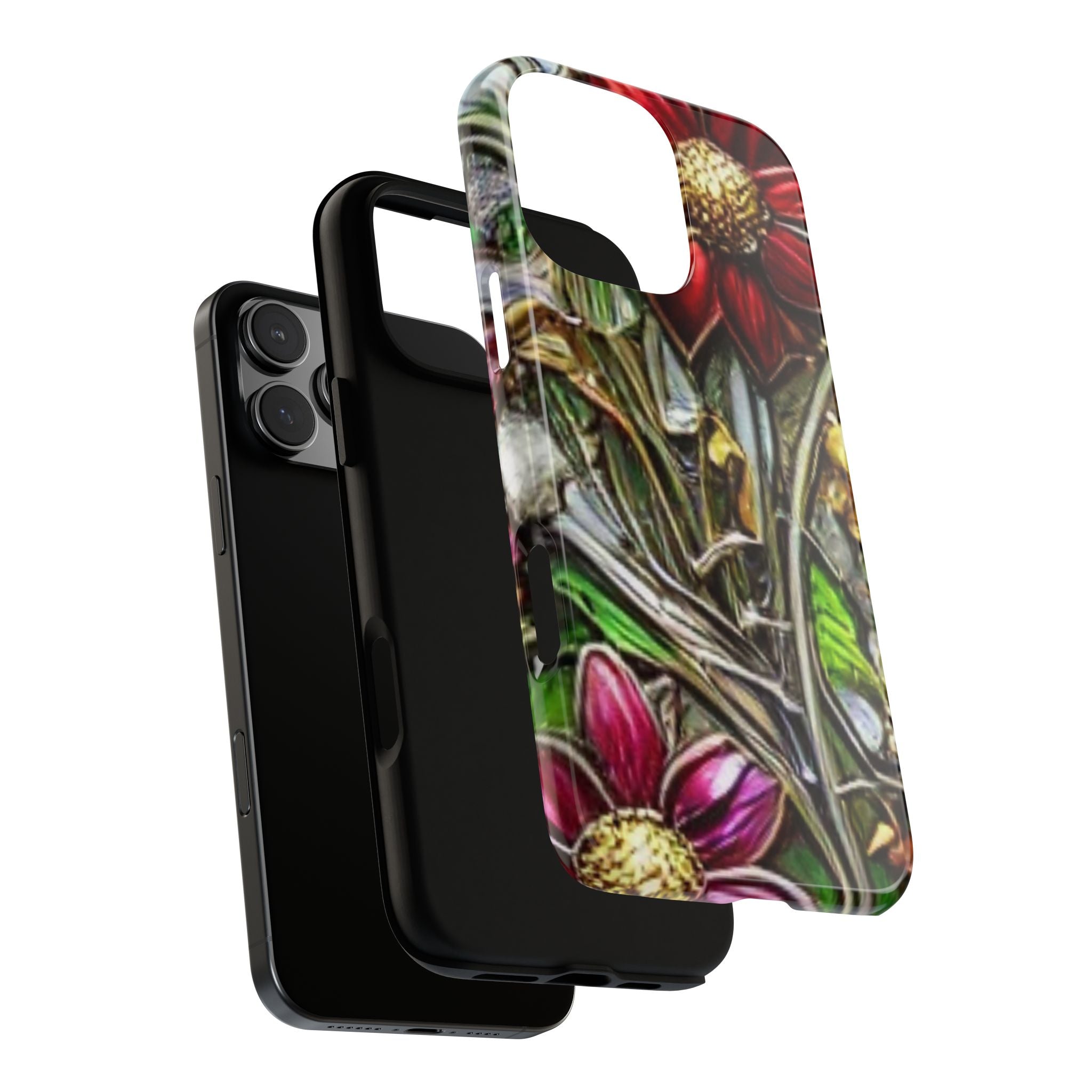 Floral Stained Glass Phone Case – Metallic Red & Purple Flower Design
