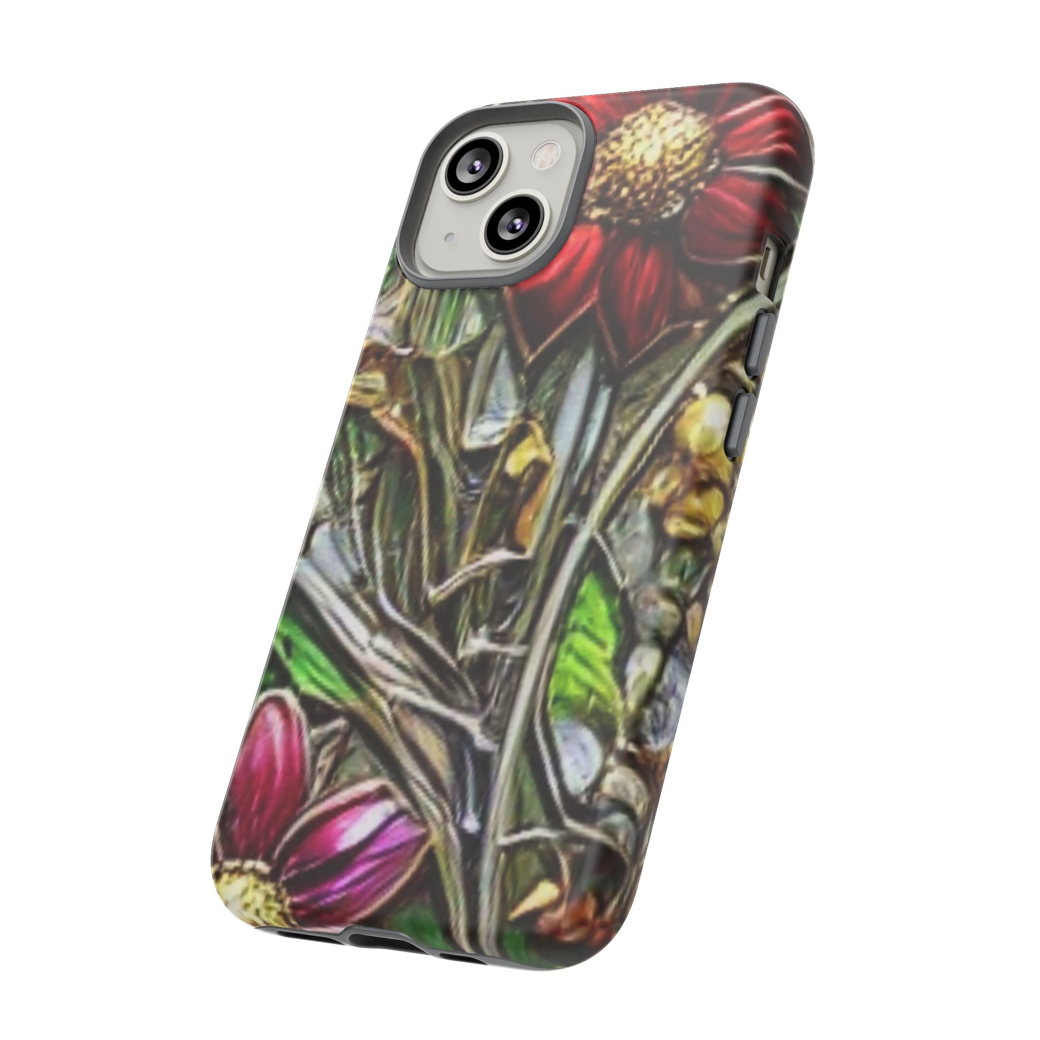 Floral Stained Glass Phone Case – Metallic Red & Purple Flower Design