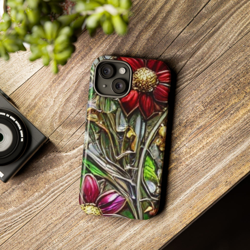 Floral Stained Glass Phone Case – Metallic Red & Purple Flower Design
