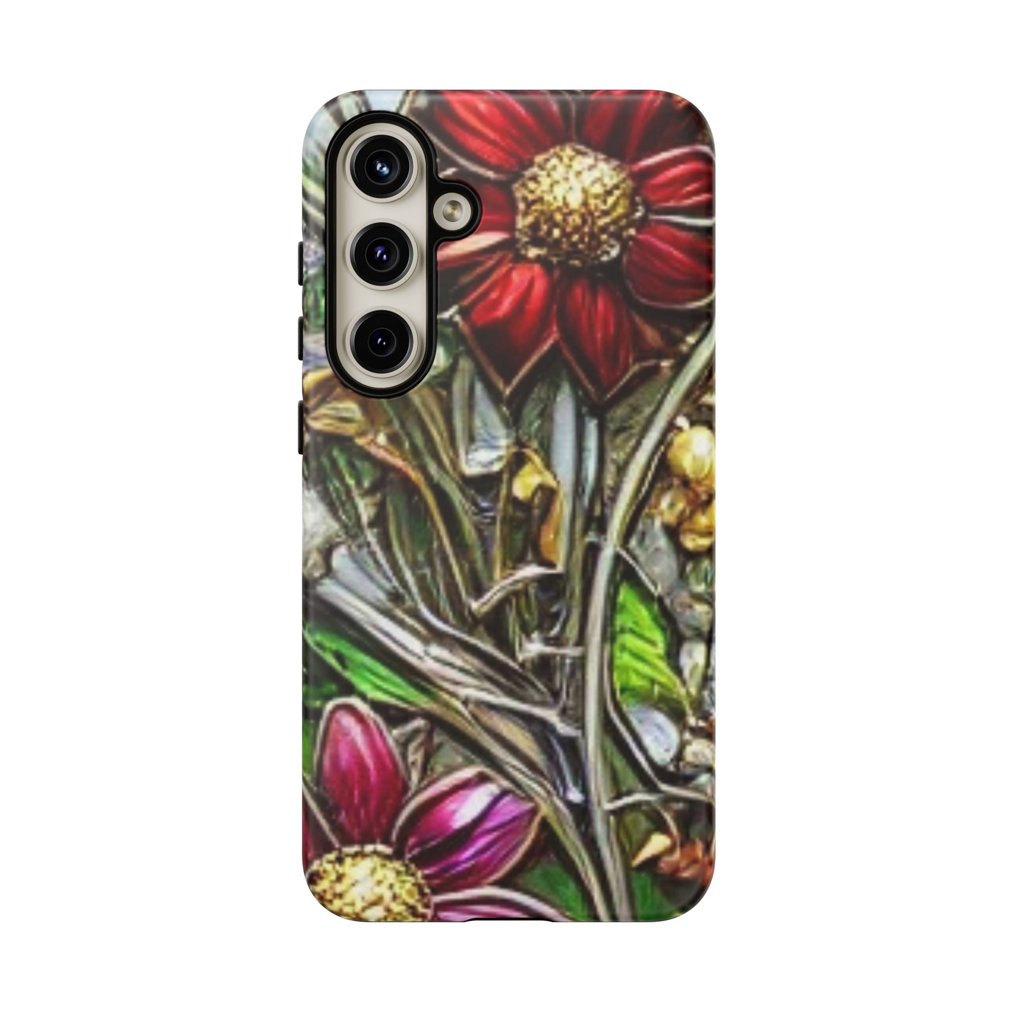 Floral Stained Glass Phone Case – Metallic Red & Purple Flower Design