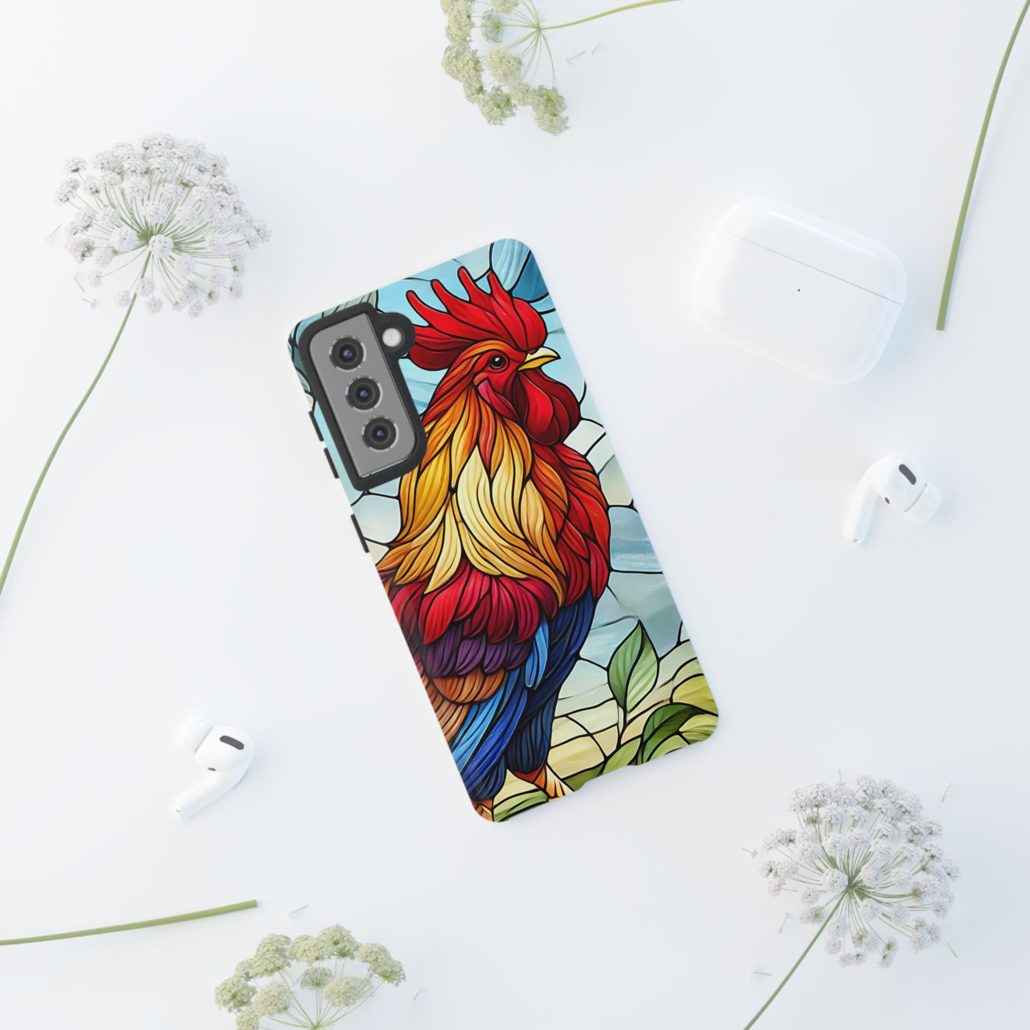 Colorful Stained Glass Rooster Android Case, Tough Protective Phone Cover, Farmhouse Decor Protective Phone Case, Unique Chicken Design