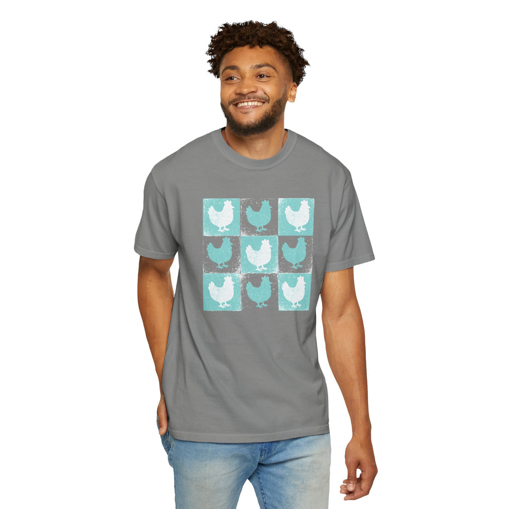 Whimsical Chicken Art T-Shirt, Checkerboard Rooster Shirt , Chicken Lover Tee