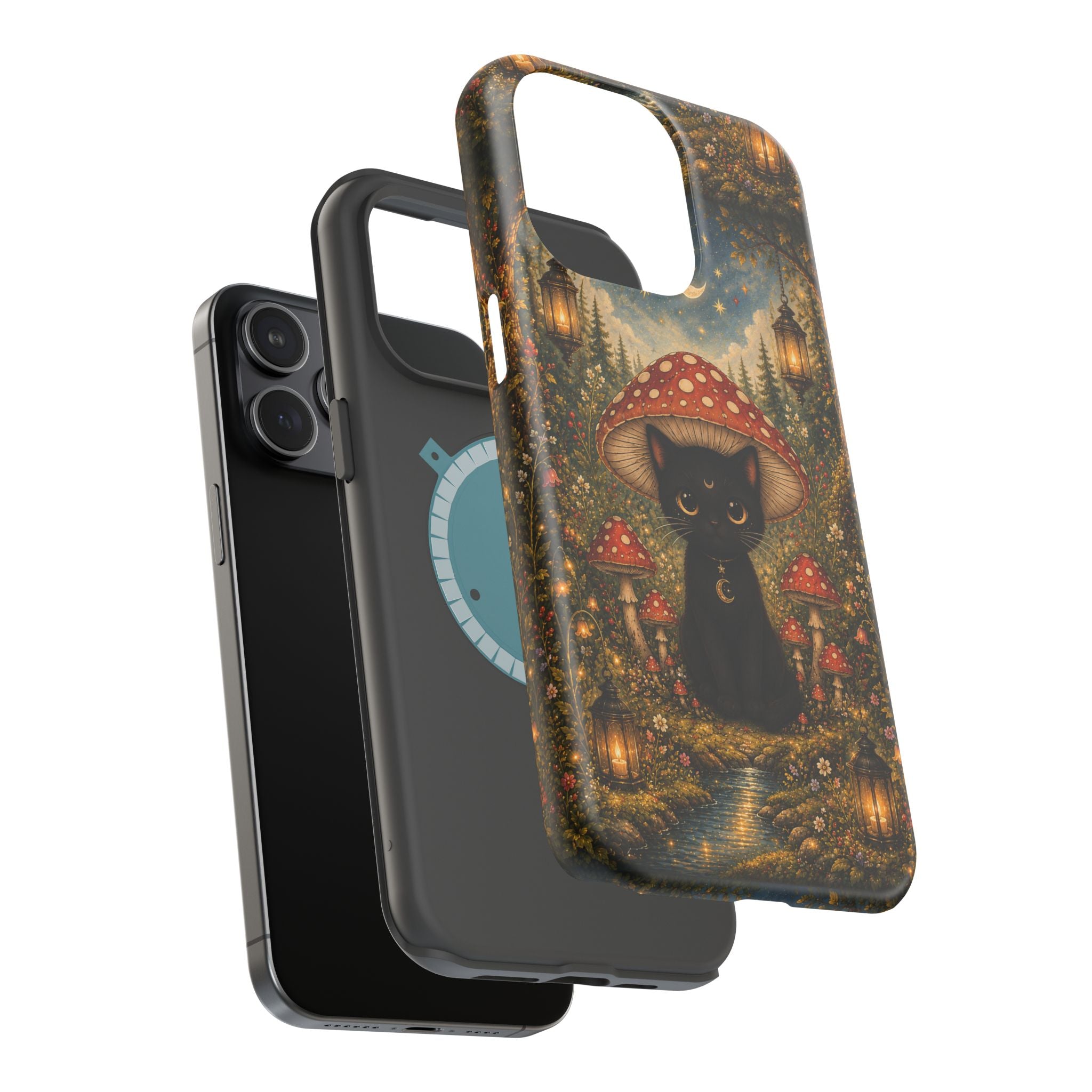 Black Cat & Mushroom Phone Case – Magical MagSafe-Compatible Cover