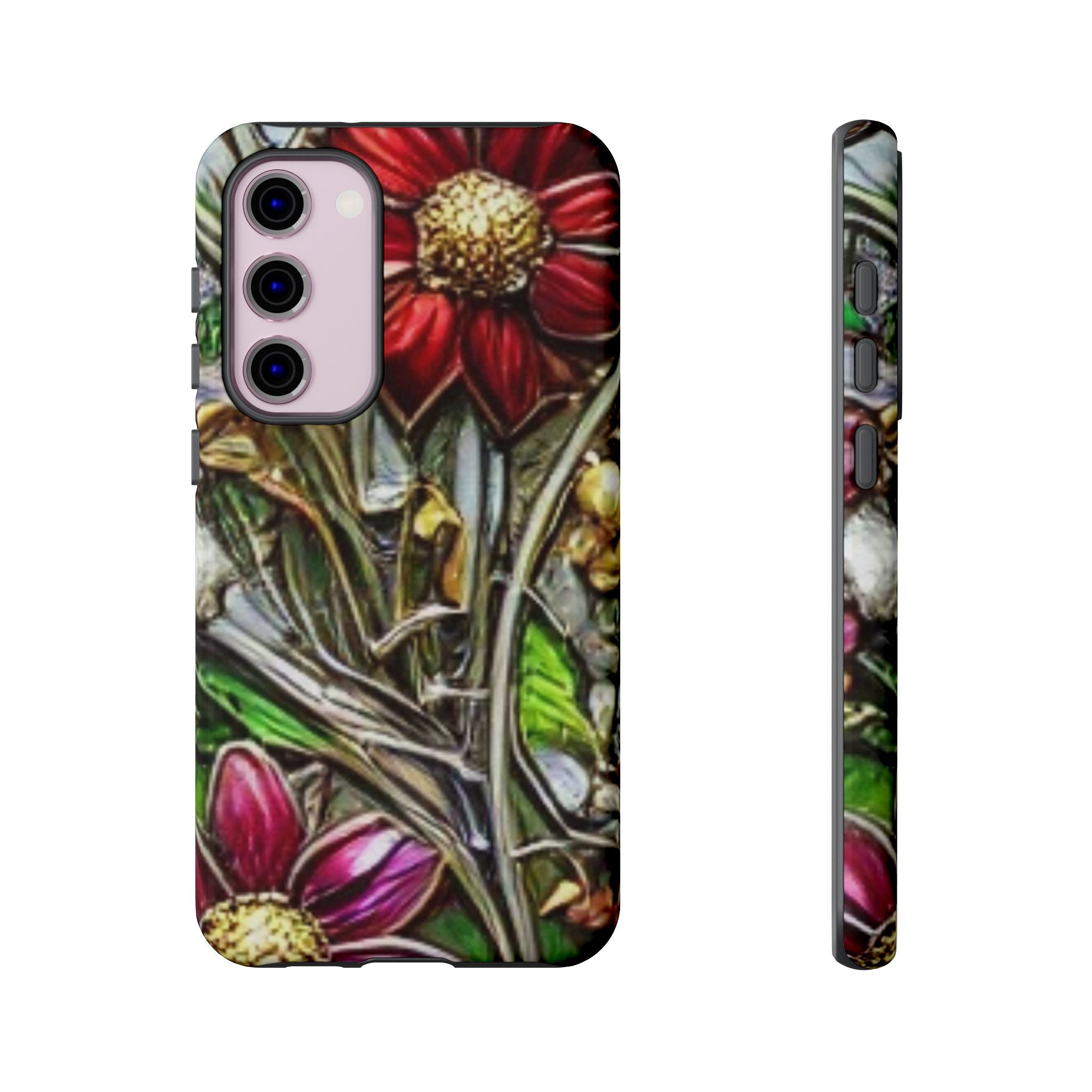 Floral Stained Glass Phone Case – Metallic Red & Purple Flower Design