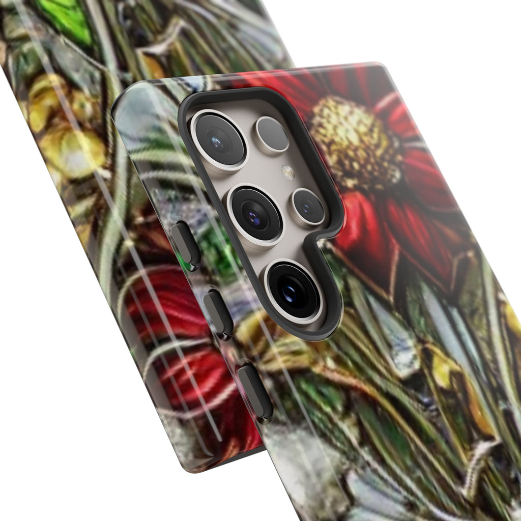Floral Stained Glass Phone Case – Metallic Red & Purple Flower Design