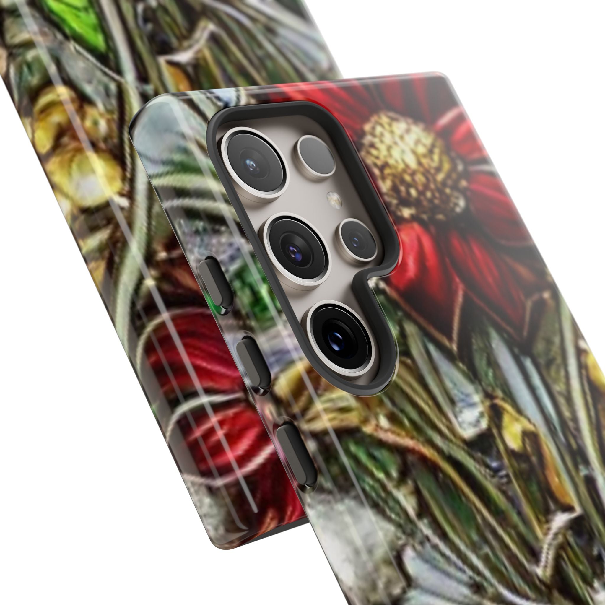 Floral Stained Glass Phone Case – Metallic Red & Purple Flower Design