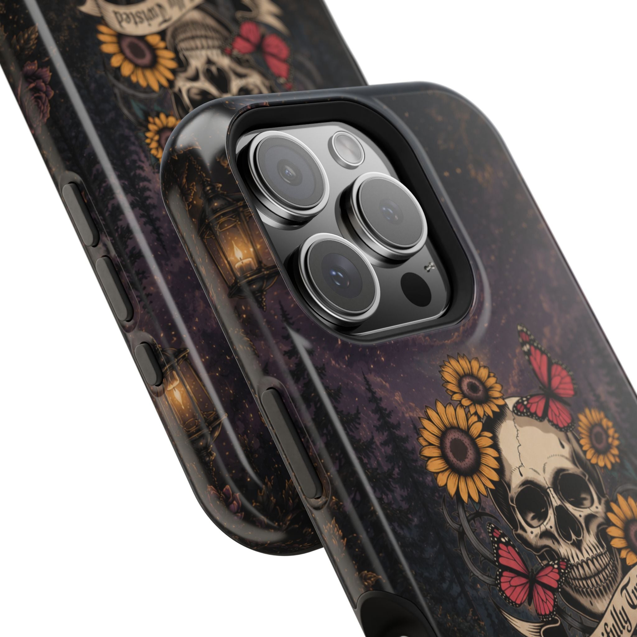 Skull, Sunflowers & Butterflies Phone Case – "Beautifully Twisted" MagSafe Cover