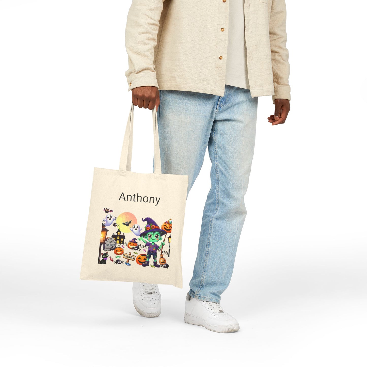 Personalized Trick or Treat Bag, Cute Ghost Pumpkin Halloween Candy Bag, Custom Customization Trick-Or-Treat, Cotton Canvas Tote Bag