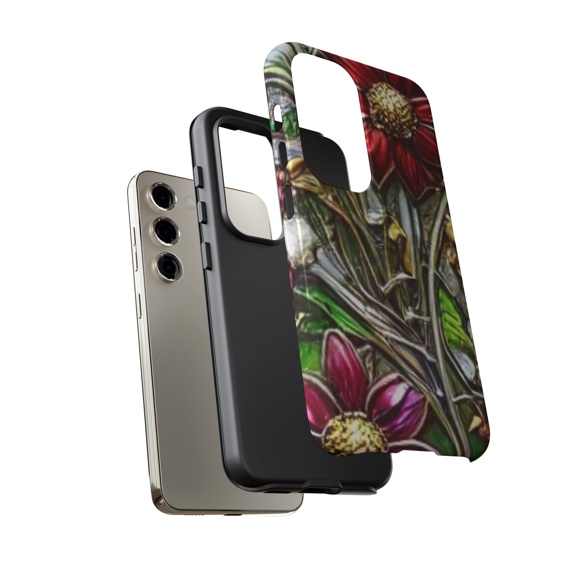 Floral Stained Glass Phone Case – Metallic Red & Purple Flower Design