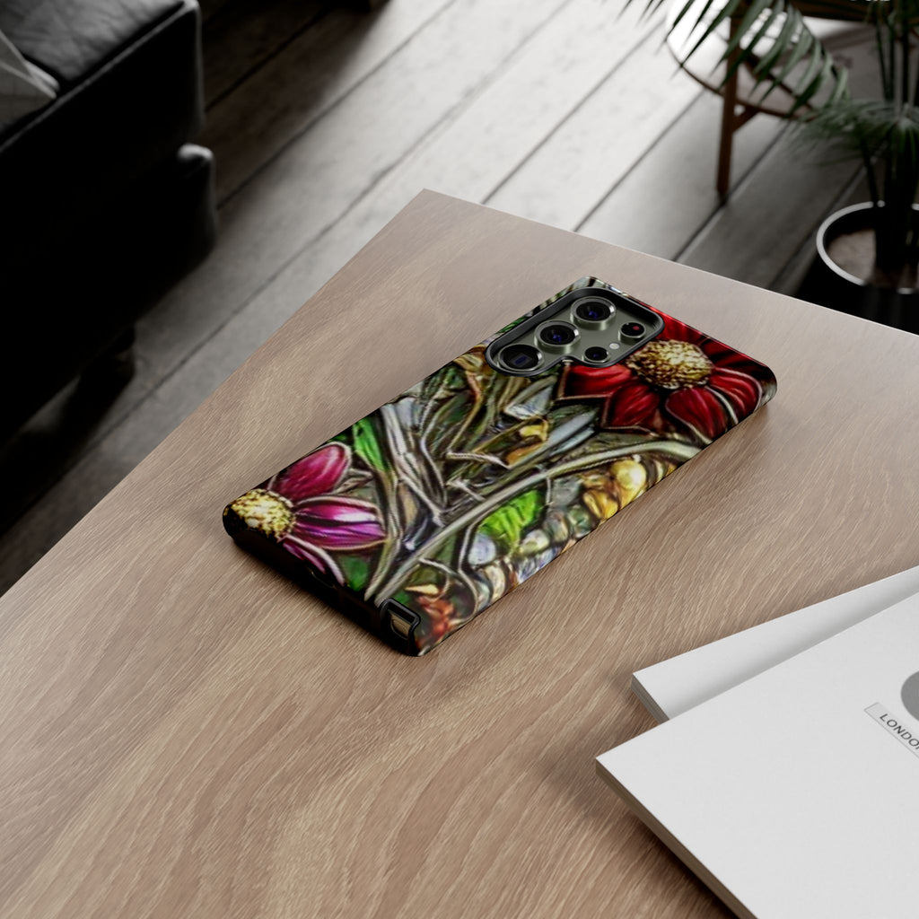 Floral Stained Glass Phone Case – Metallic Red & Purple Flower Design