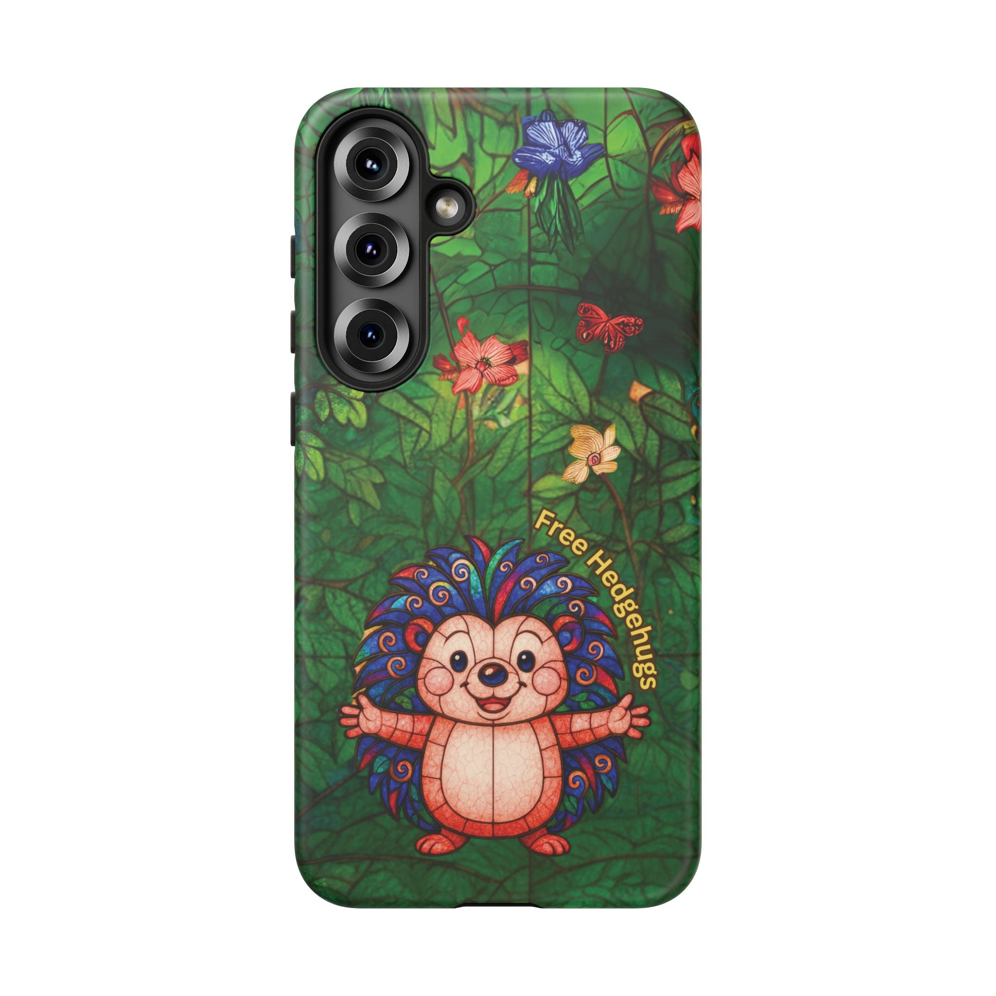 Stained Glass Hedgehog Phone Case – "Free Hedgehugs" Floral Design