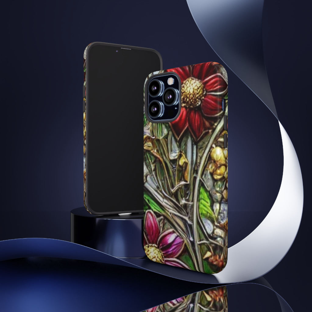 Floral Stained Glass Phone Case – Metallic Red & Purple Flower Design