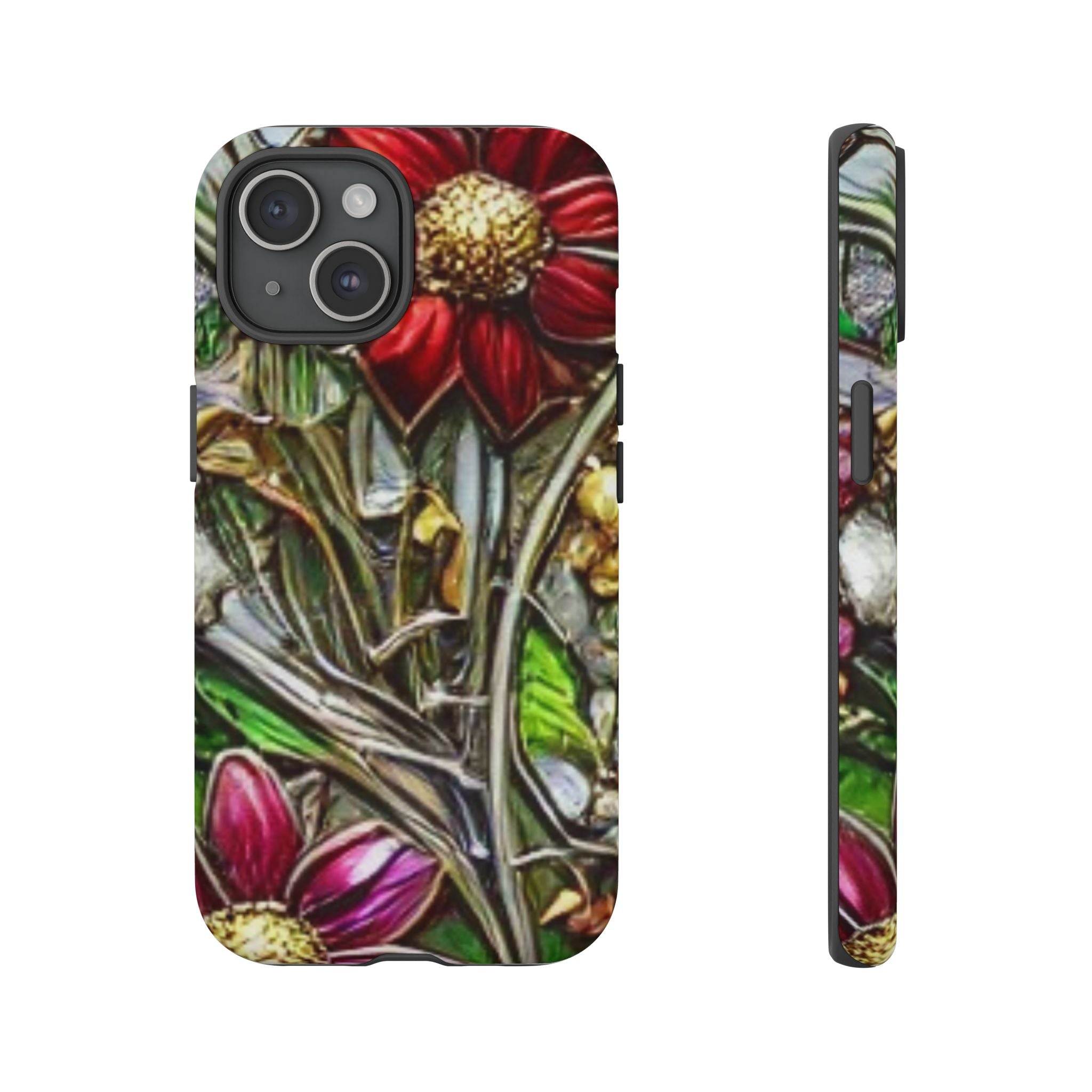 Floral Stained Glass Phone Case – Metallic Red & Purple Flower Design
