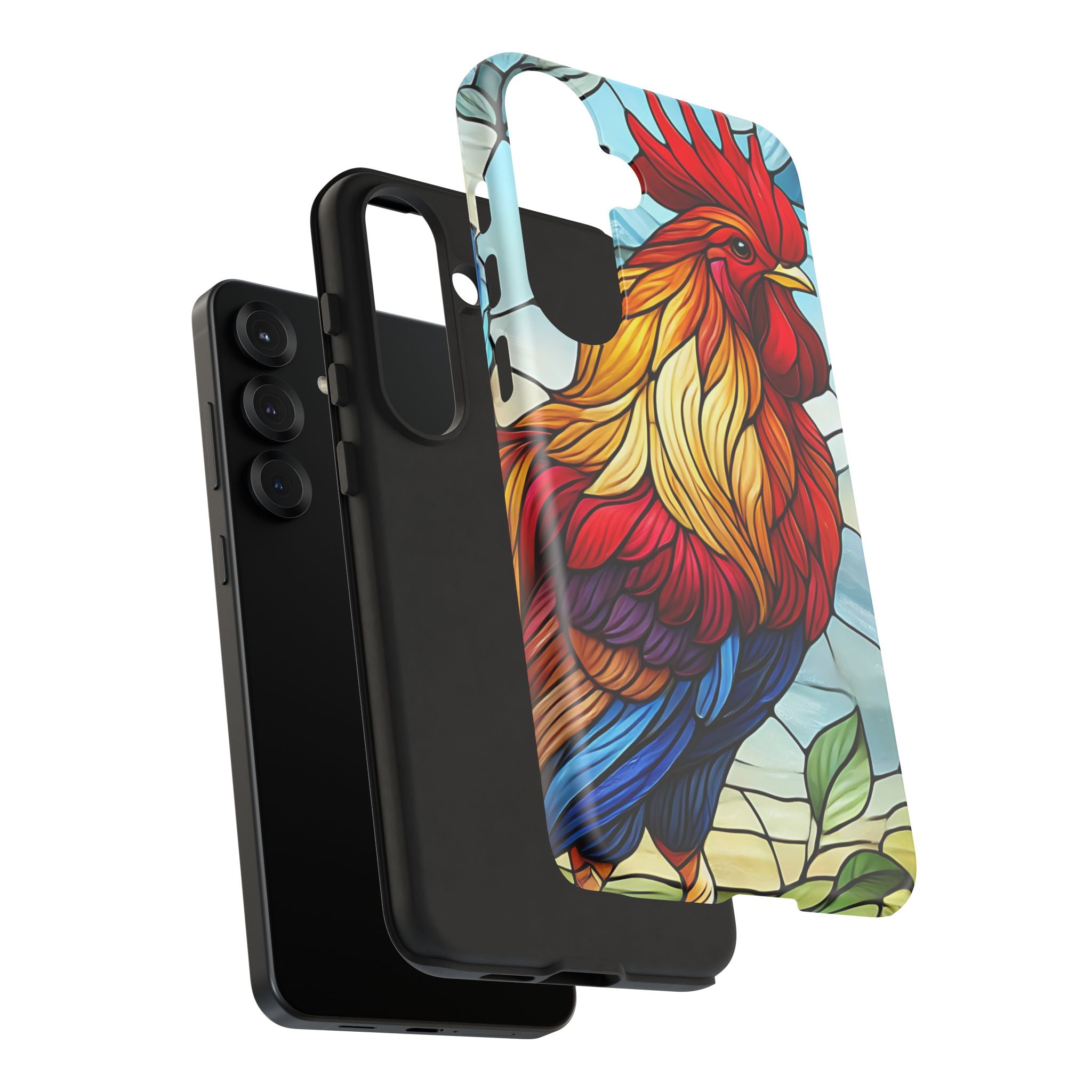 Rooster Faux Stained Glass Phone Case – 3D Full-Wrap Protective Cover with TPU Liner