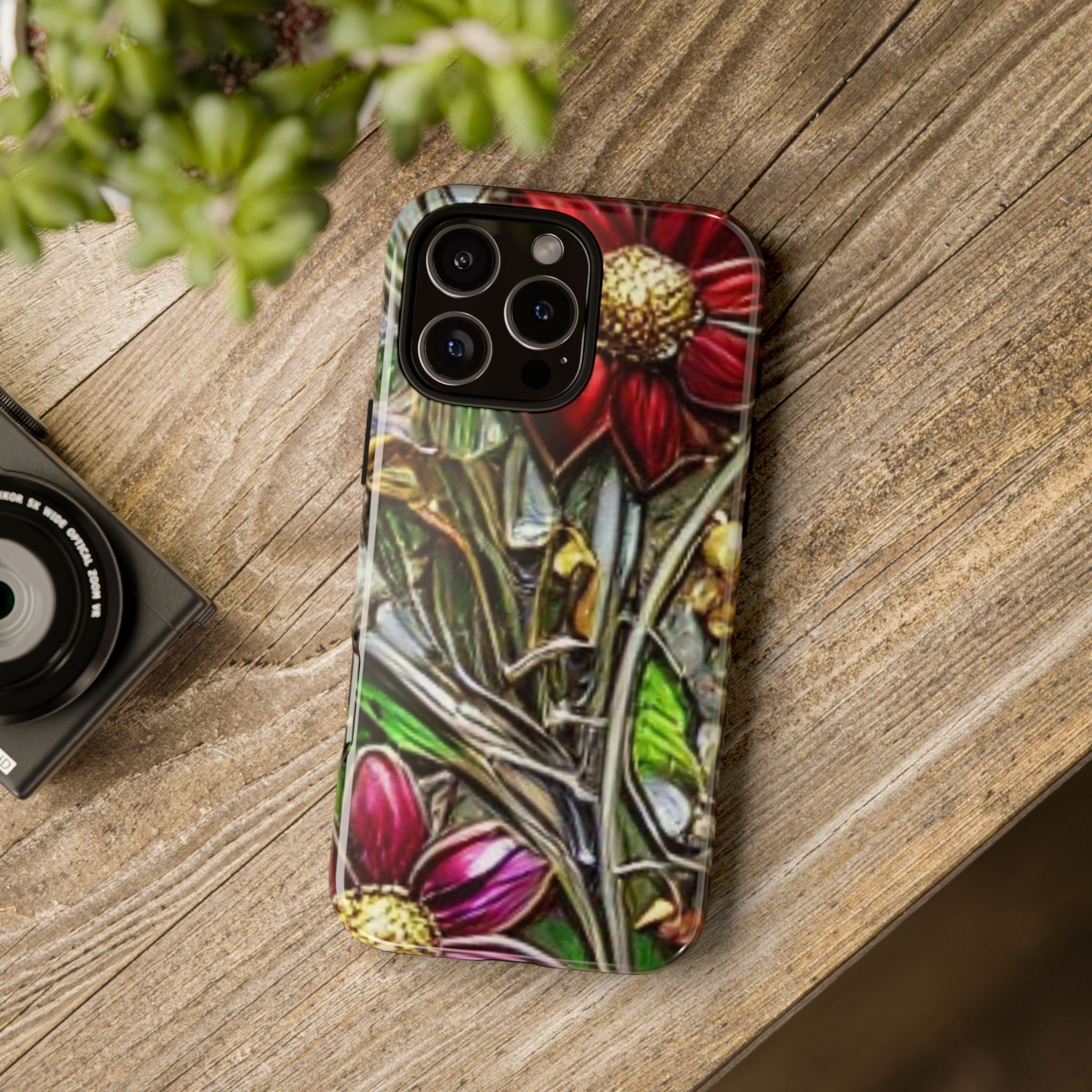 Floral Stained Glass Phone Case – Metallic Red & Purple Flower Design