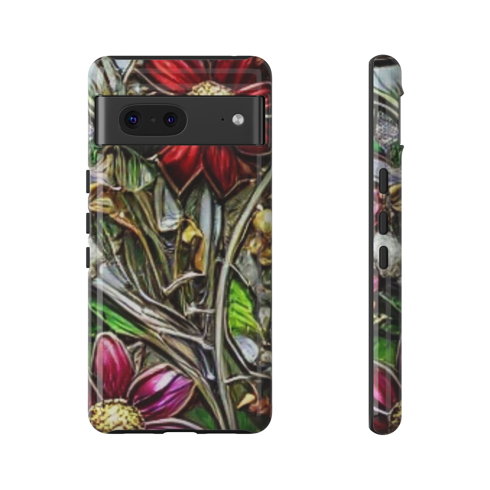Floral Stained Glass Phone Case – Metallic Red & Purple Flower Design