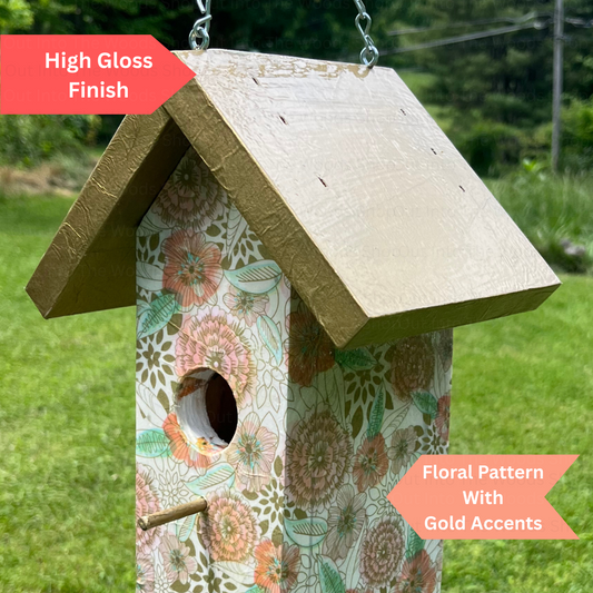 Handmade Gold Floral Birdhouse, Summer Garden Decor, Wooden Hanging Nesting Box, Beautiful Decoupage Yard Art