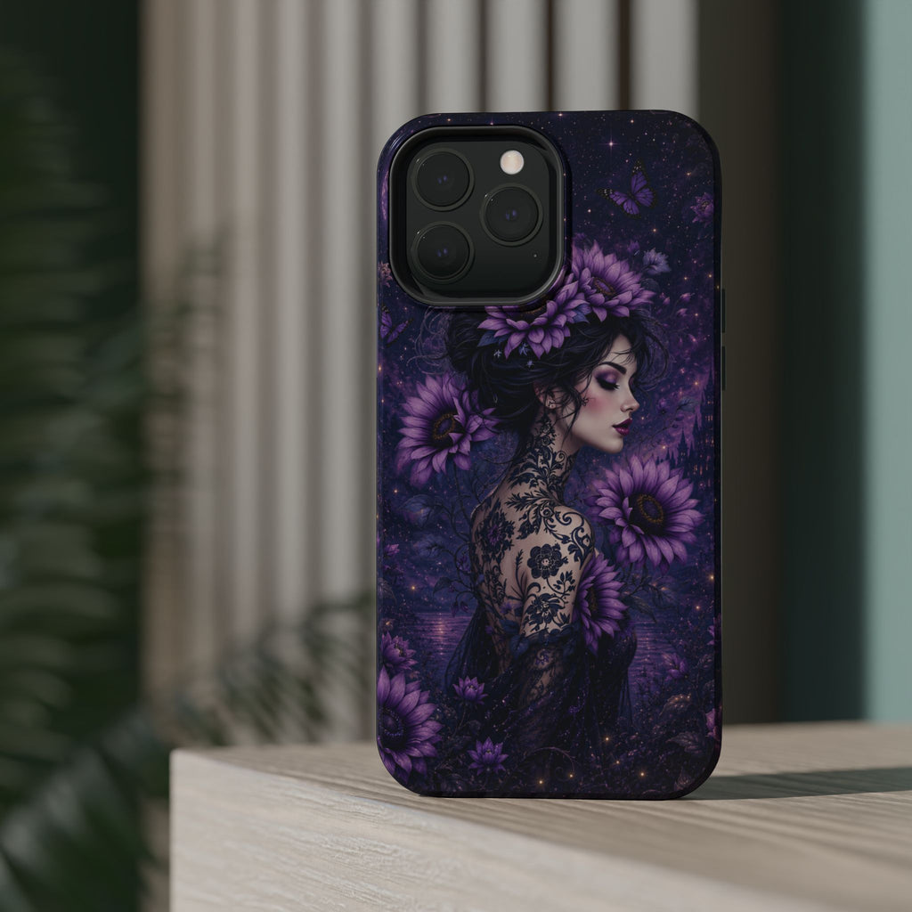 Gothic Floral Woman Phone Case – Dark Botanical MagSafe-Compatible Cover