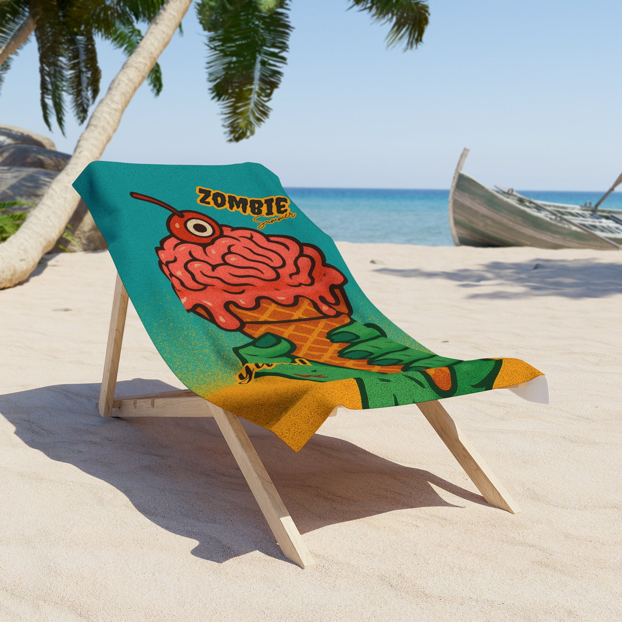 Summerween Zombie Ice Cream Beach Towel — Zombie Brains Summer Vibes | Funny Halloween Pool Party Gift for Surfers & Skaters