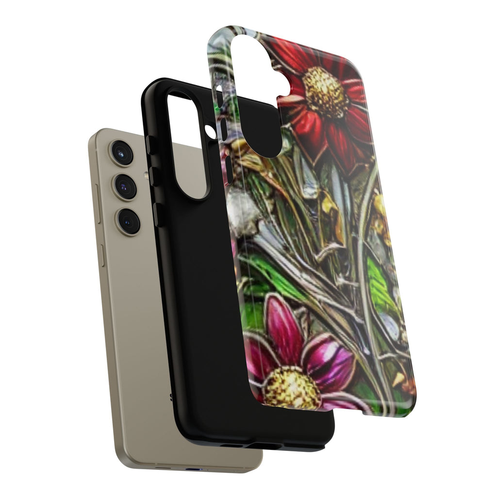Floral Stained Glass Phone Case – Metallic Red & Purple Flower Design