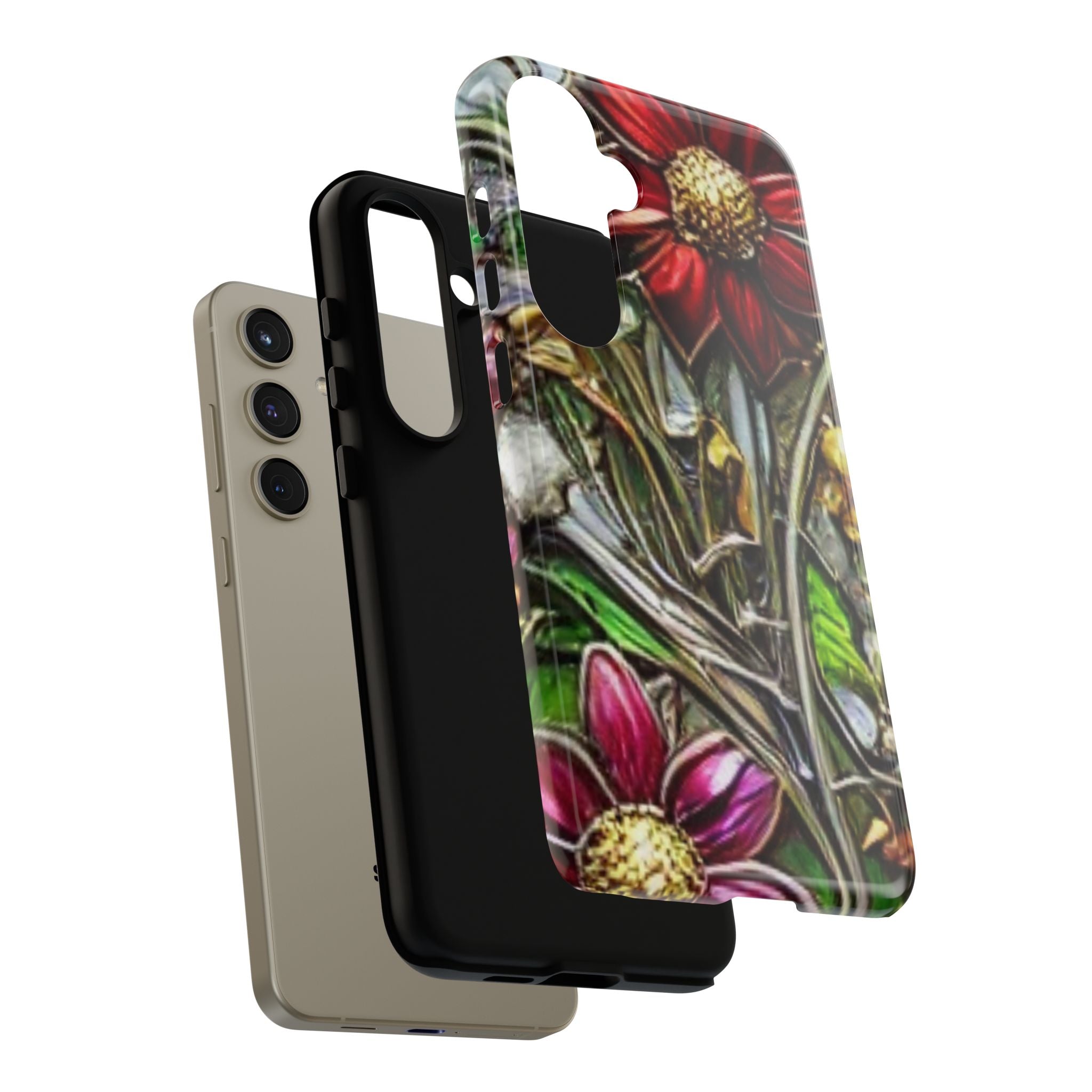 Floral Stained Glass Phone Case – Metallic Red & Purple Flower Design