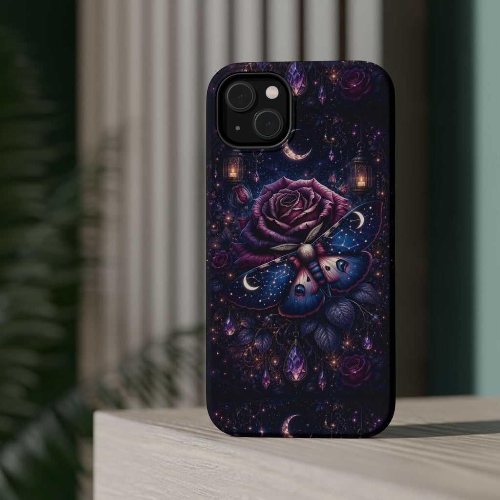Mystical Rose & Moth Phone Case – Floral MagSafe-Compatible Cover