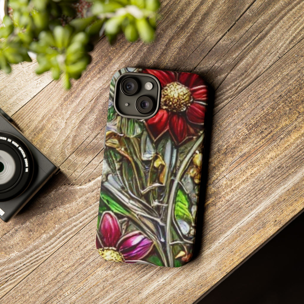 Floral Stained Glass Phone Case – Metallic Red & Purple Flower Design