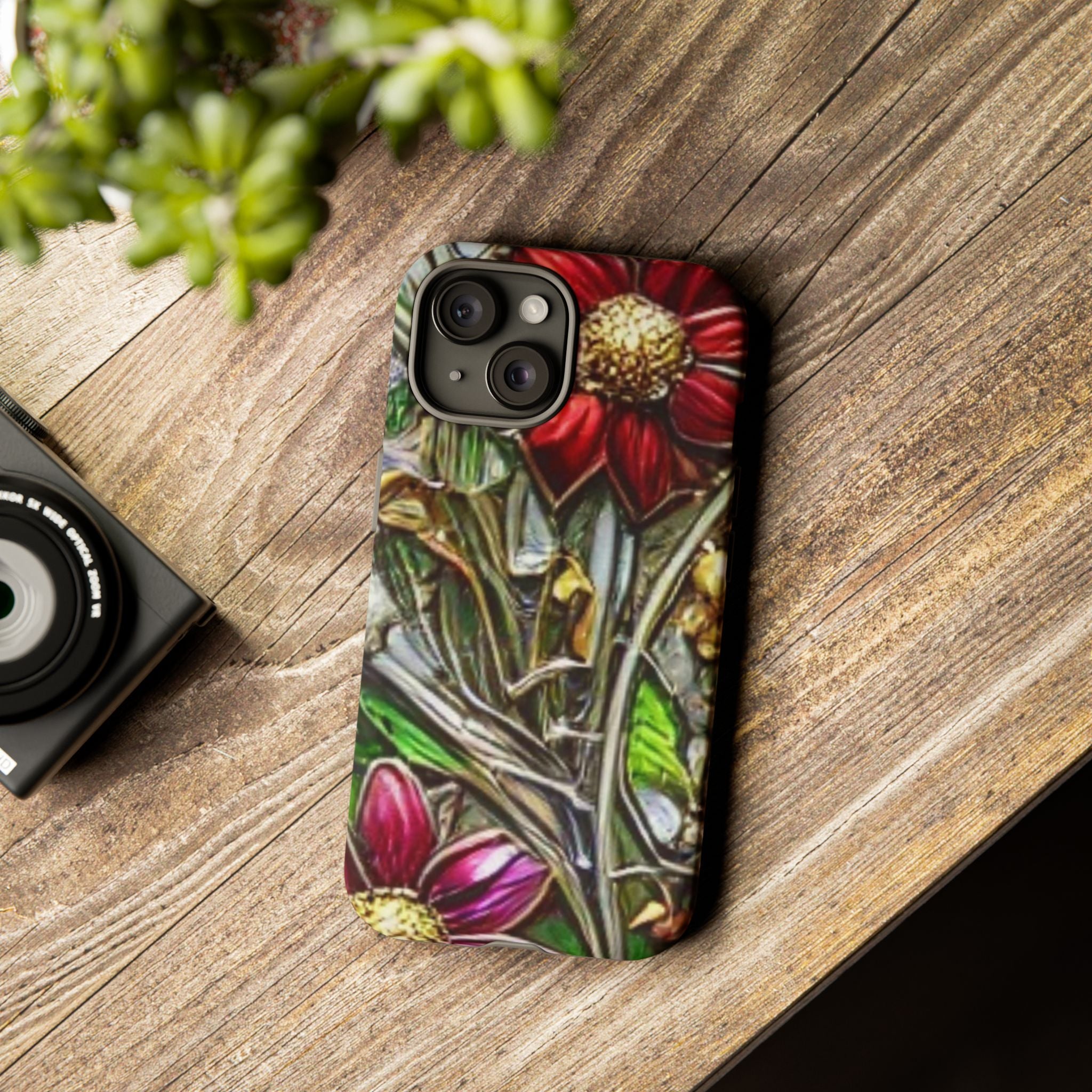 Floral Stained Glass Phone Case – Metallic Red & Purple Flower Design