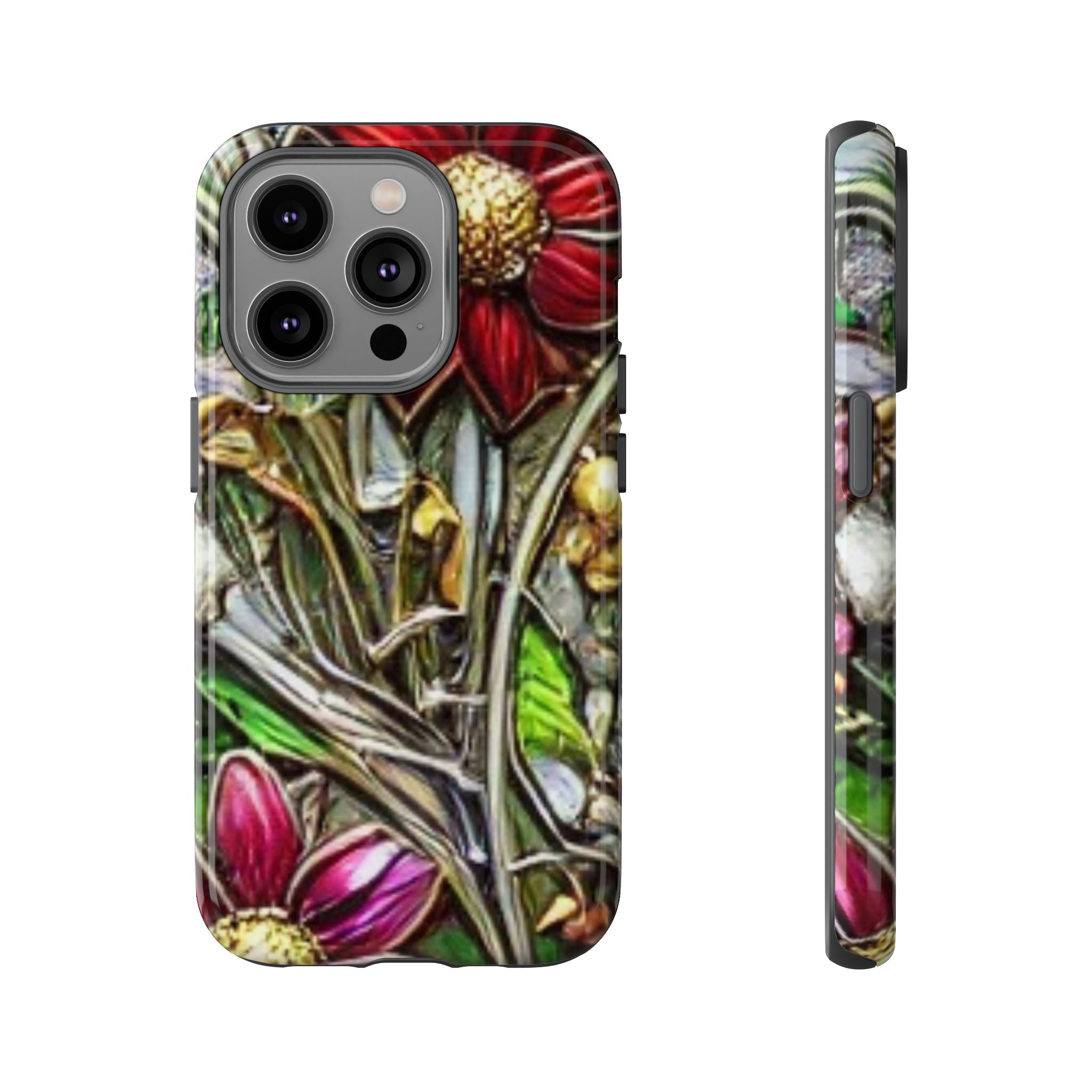 Floral Stained Glass Phone Case – Metallic Red & Purple Flower Design