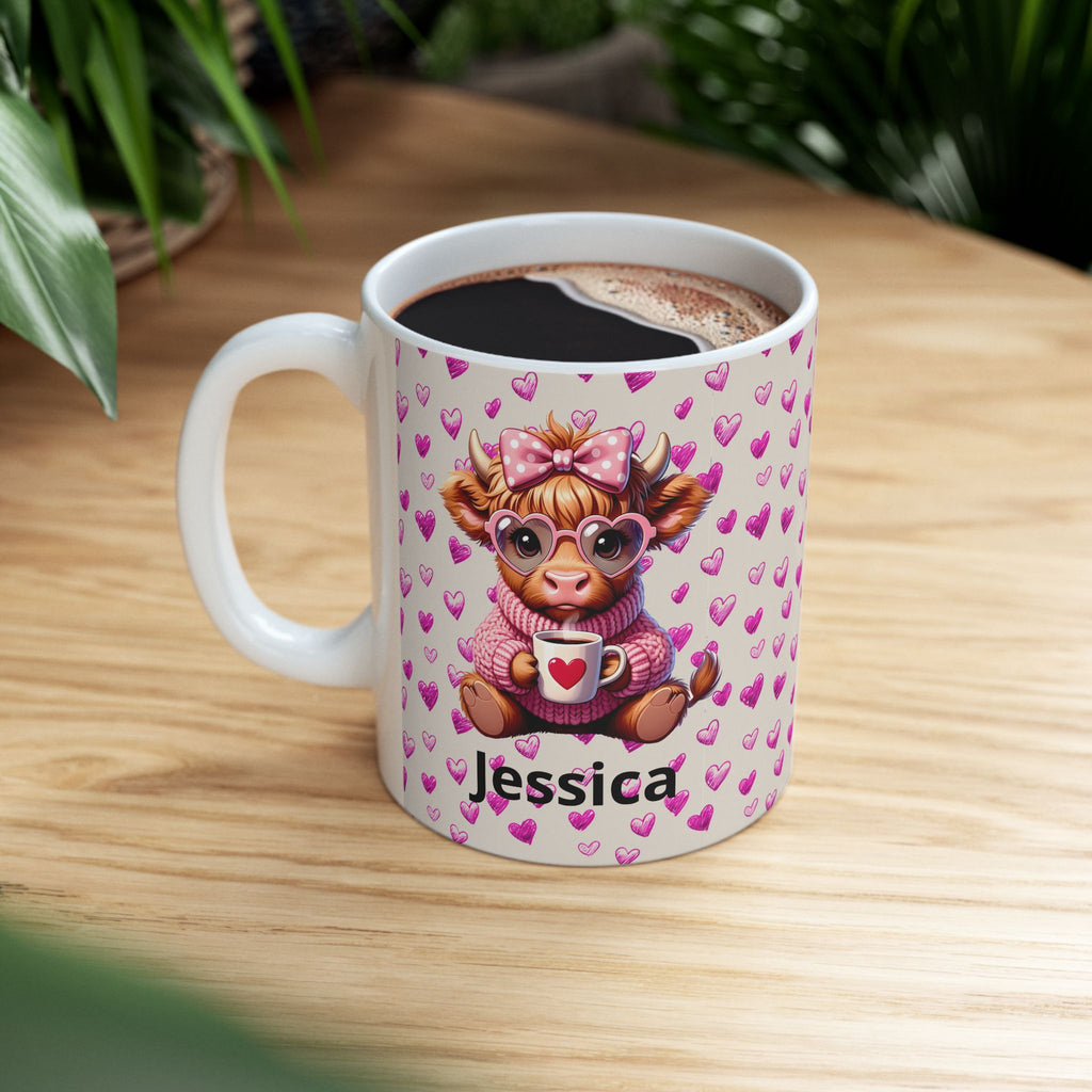 Custom Highland Cow With Pink Hearts Mug, Personalized Valentine Ceramic Coffee Cup