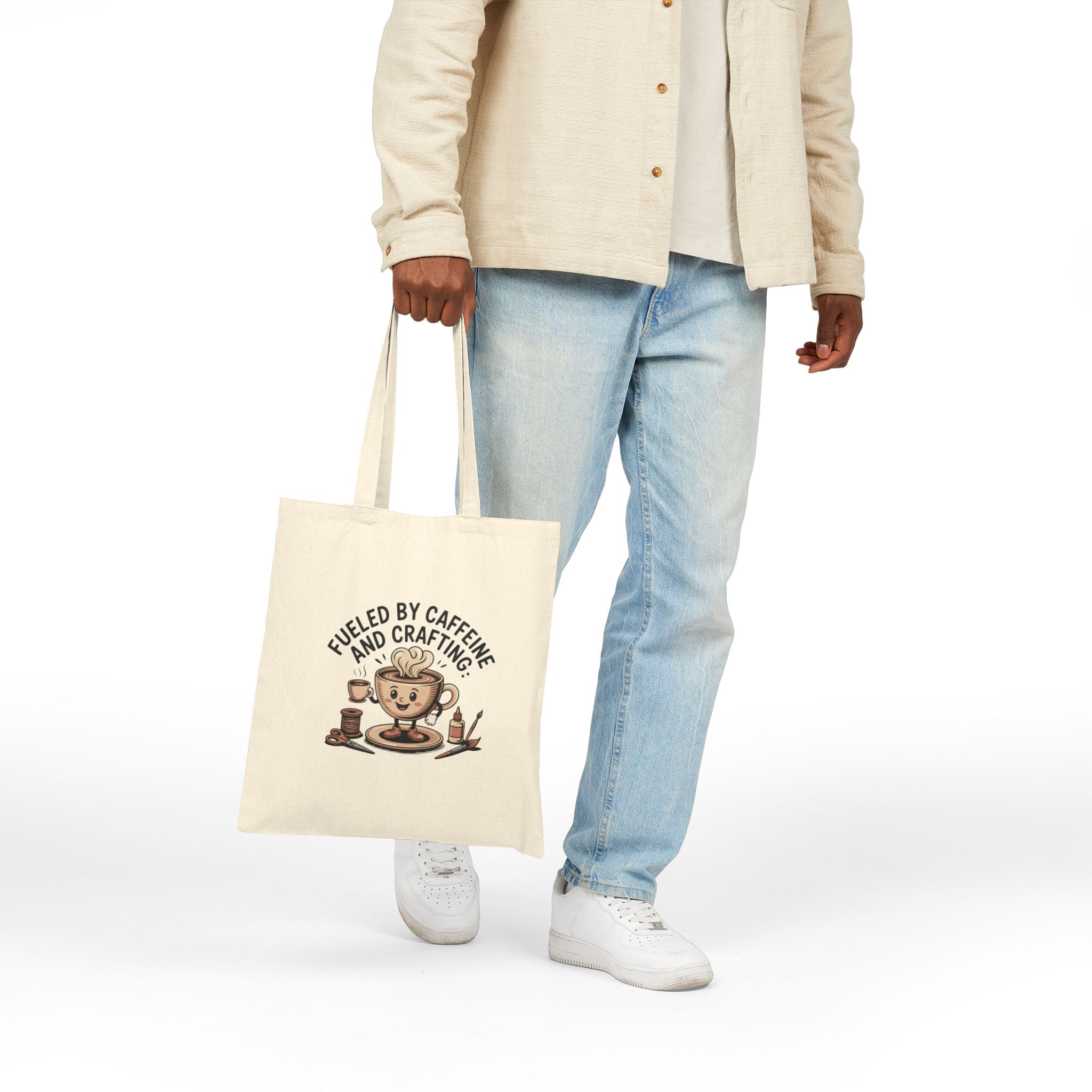 Fueled By Caffeine and Crafting Cotton Canvas Tote Bag, Black or Neutral Color, Reusable Grocery Bag, Crafting Group Matching Totes