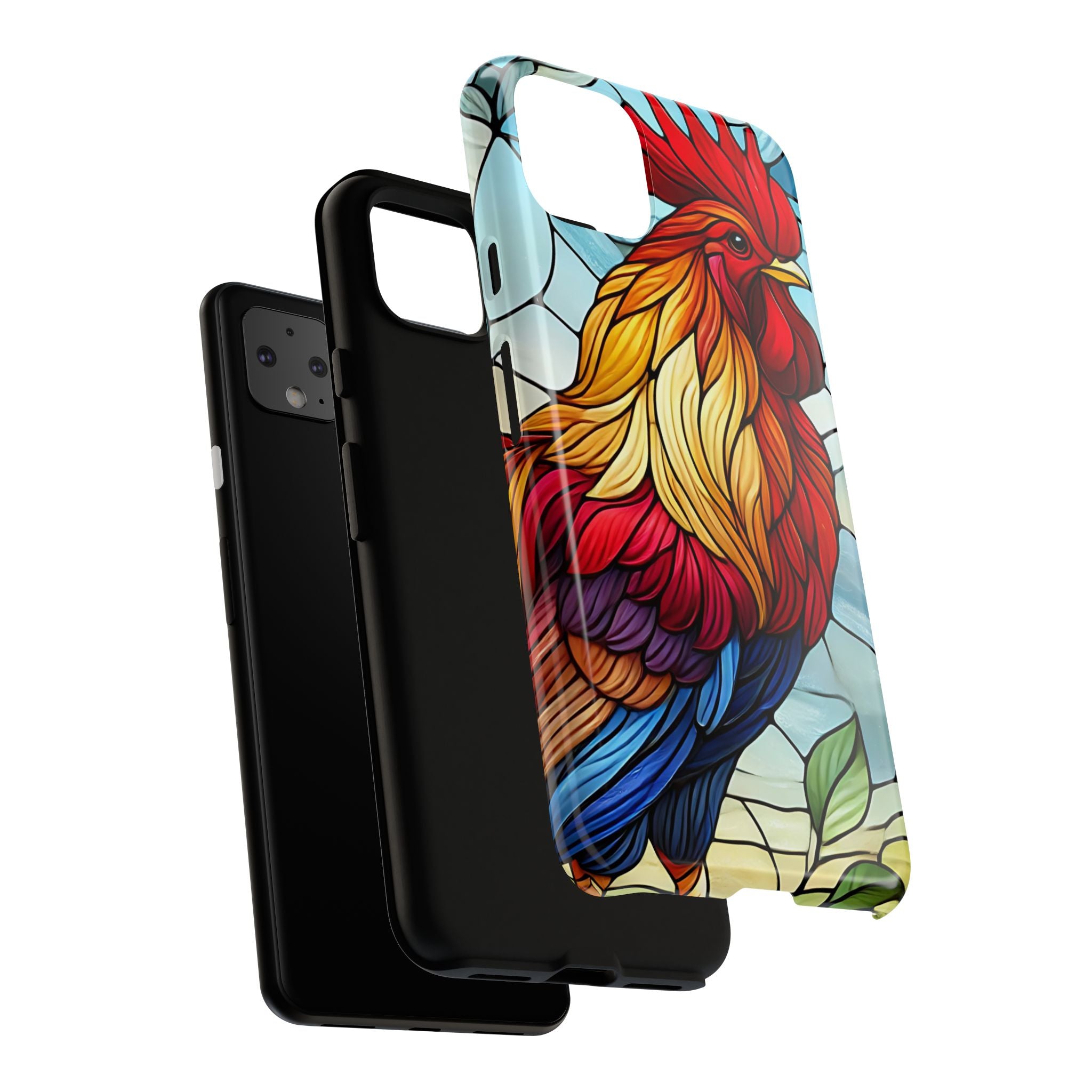 Rooster Faux Stained Glass Phone Case – 3D Full-Wrap Protective Cover with TPU Liner