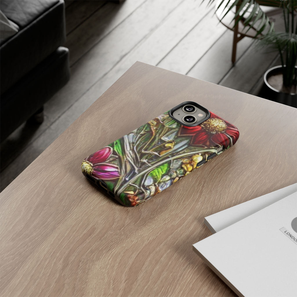 Floral Stained Glass Phone Case – Metallic Red & Purple Flower Design