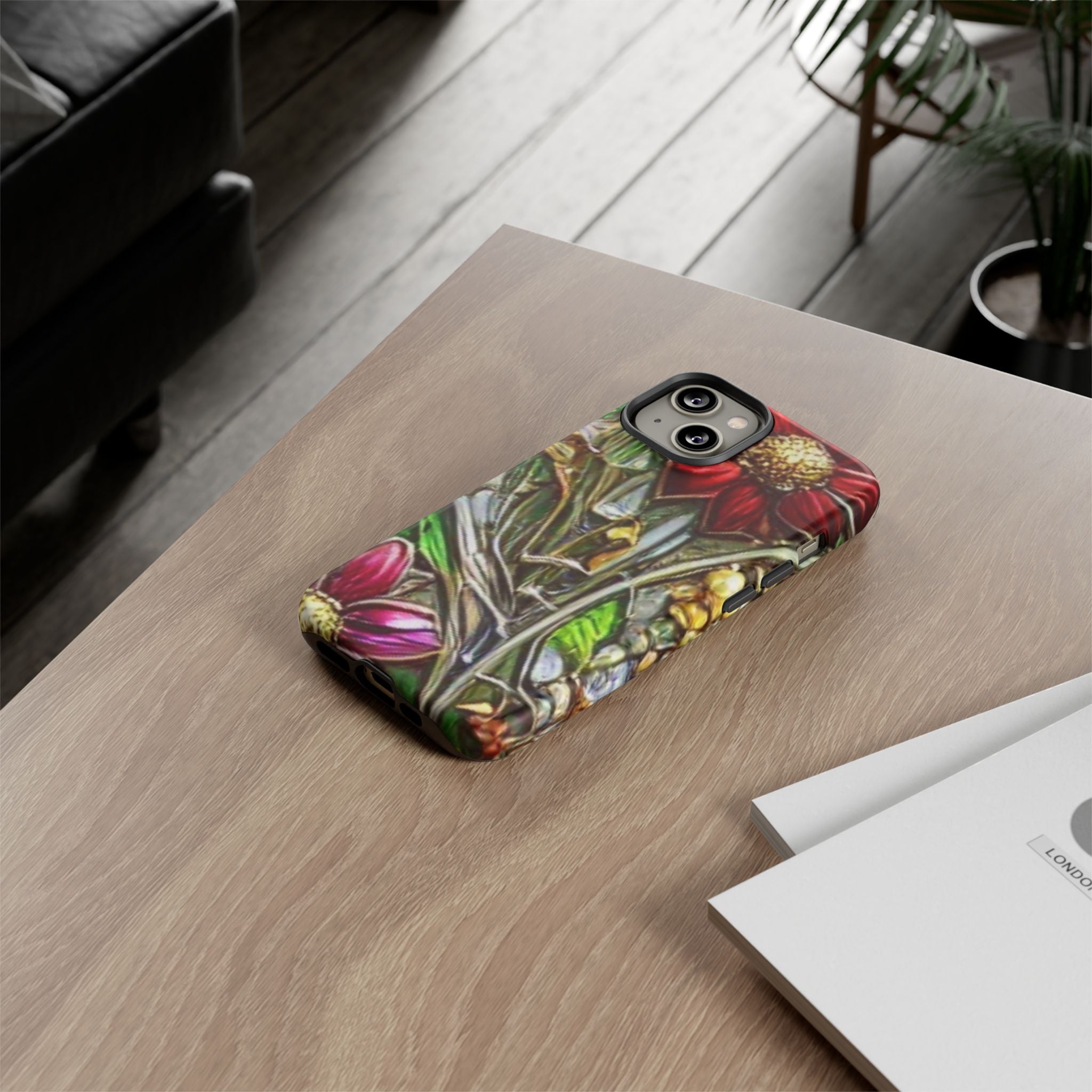 Floral Stained Glass Phone Case – Metallic Red & Purple Flower Design