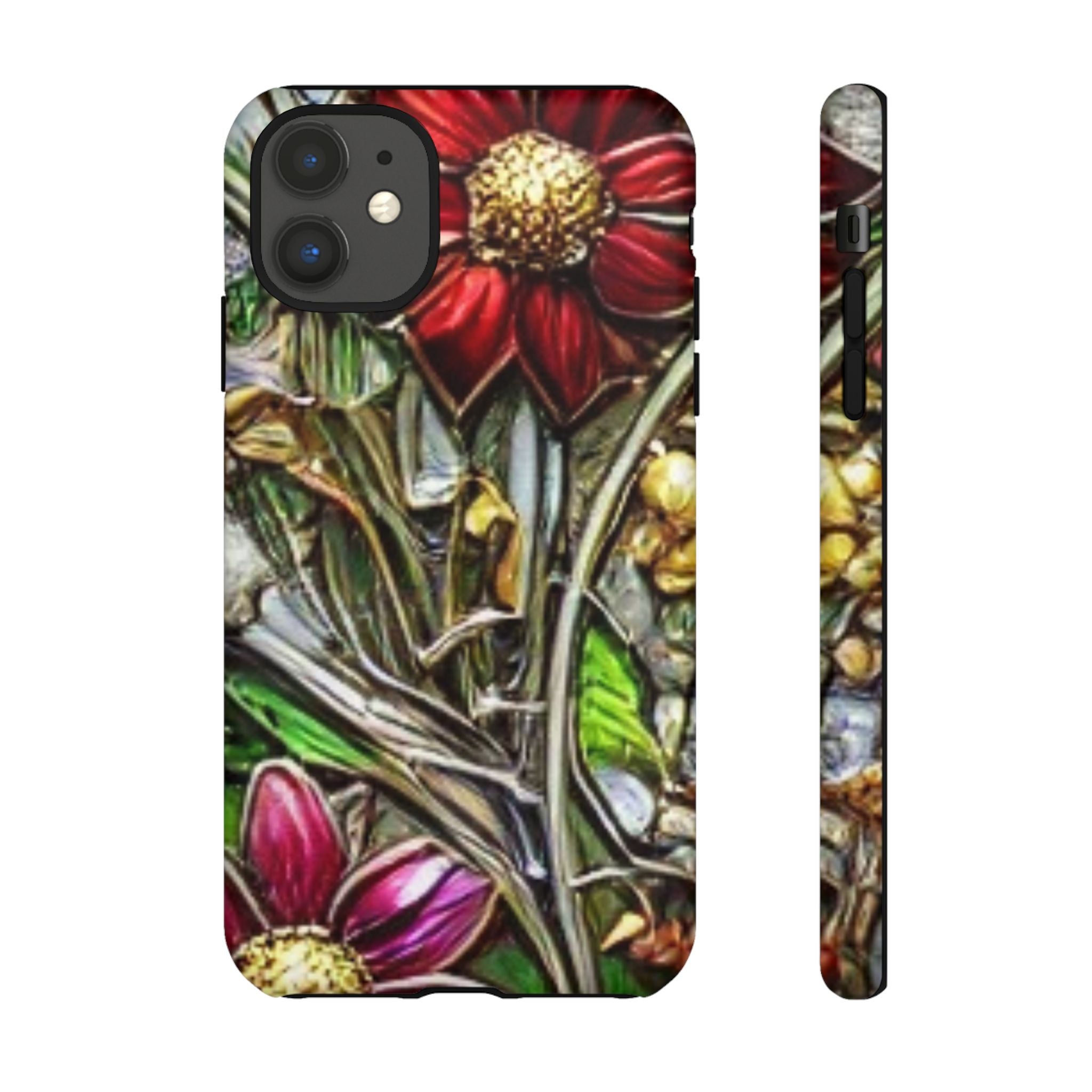 Floral Stained Glass Phone Case – Metallic Red & Purple Flower Design