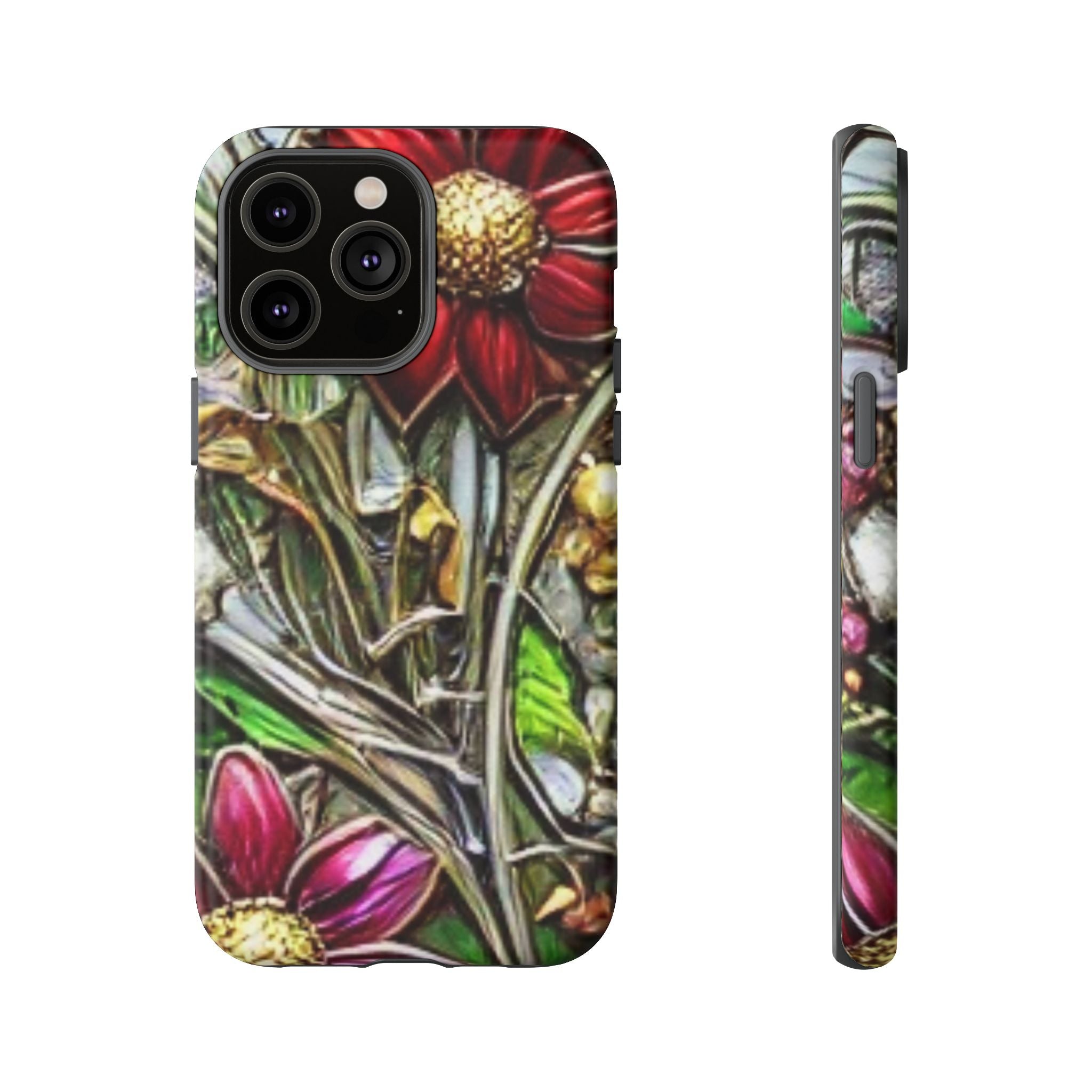 Floral Stained Glass Phone Case – Metallic Red & Purple Flower Design