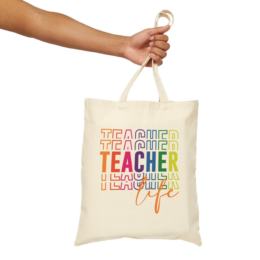Colorful Teacher Life Tote Bag, End of Year Teacher Appreciation Gift, Reusable Rainbow Shopping Bag