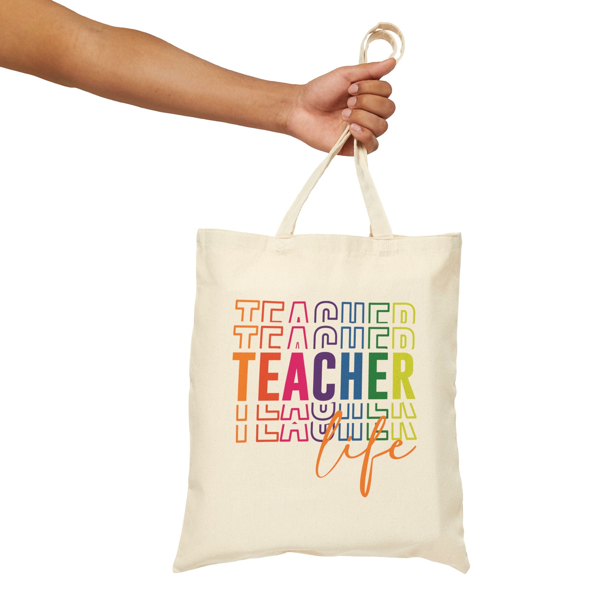 Colorful Teacher Life Tote Bag, End of Year Teacher Appreciation Gift, Reusable Rainbow Shopping Bag