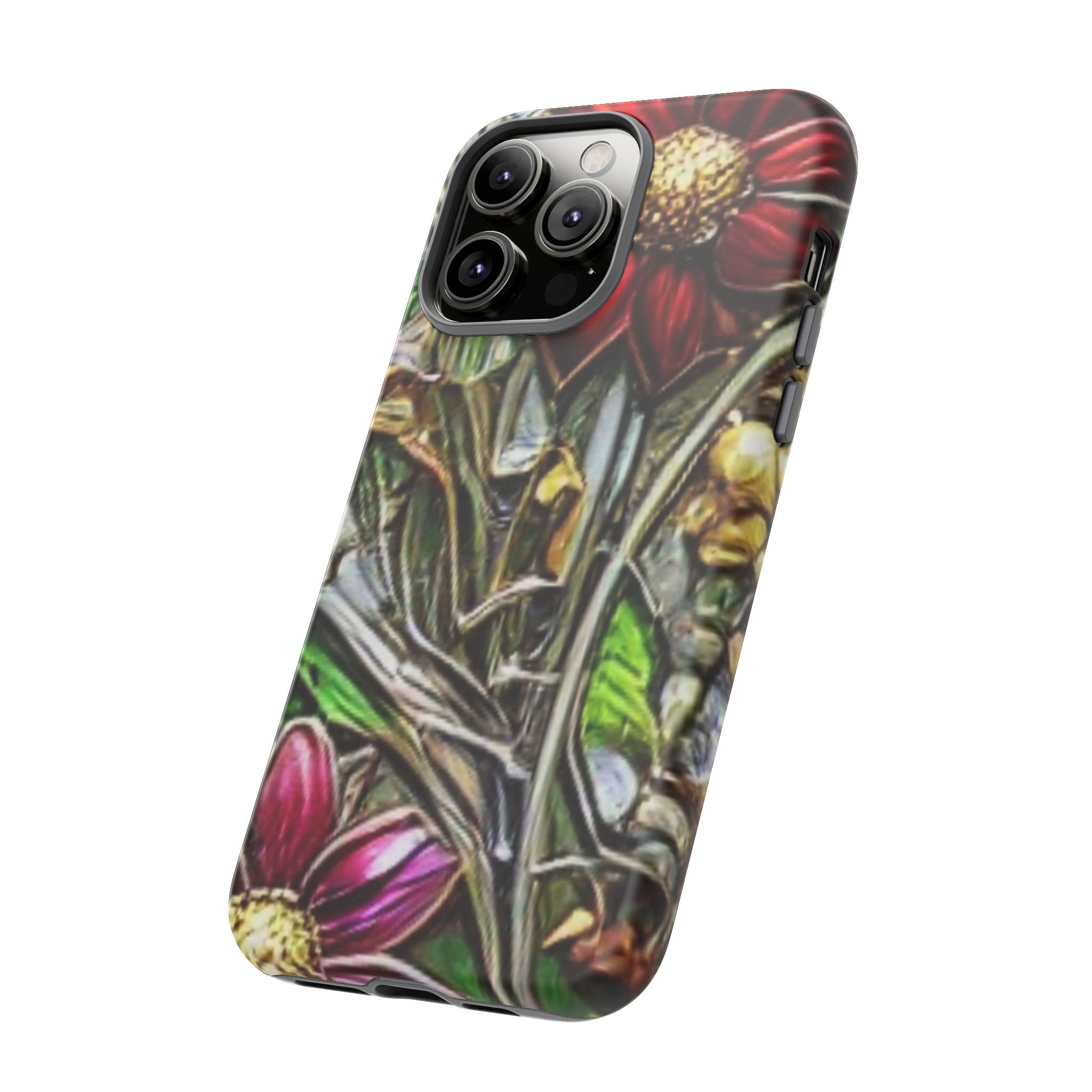 Floral Stained Glass Phone Case – Metallic Red & Purple Flower Design