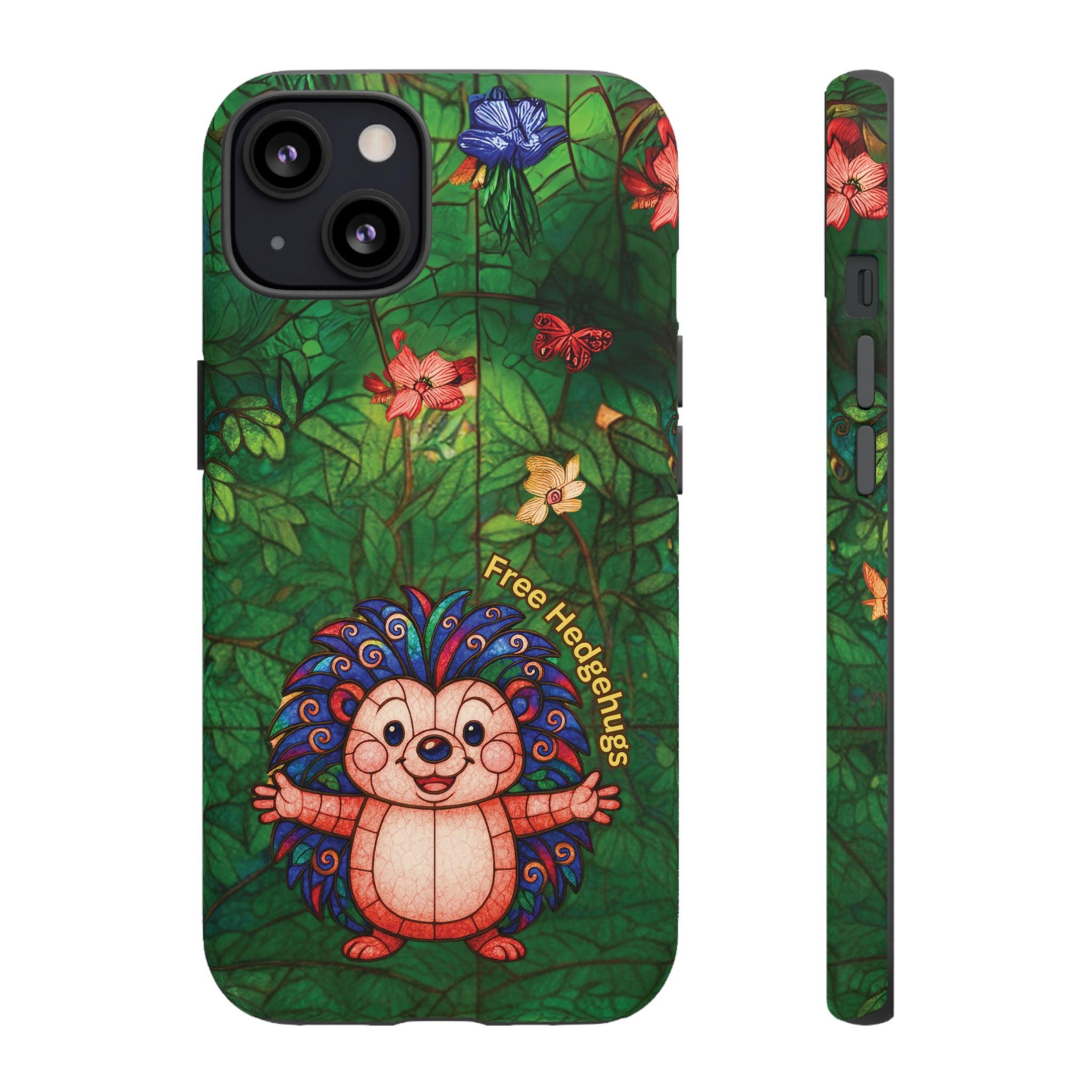 Stained Glass Hedgehog Phone Case – "Free Hedgehugs" Floral Design