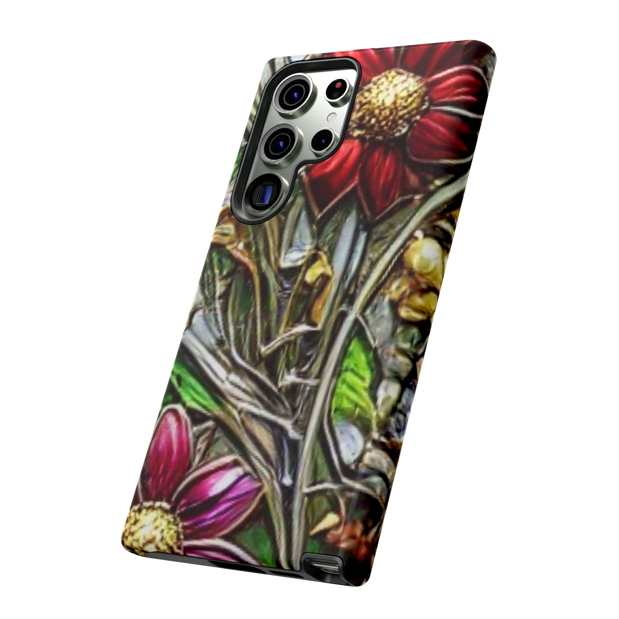 Floral Stained Glass Phone Case – Metallic Red & Purple Flower Design