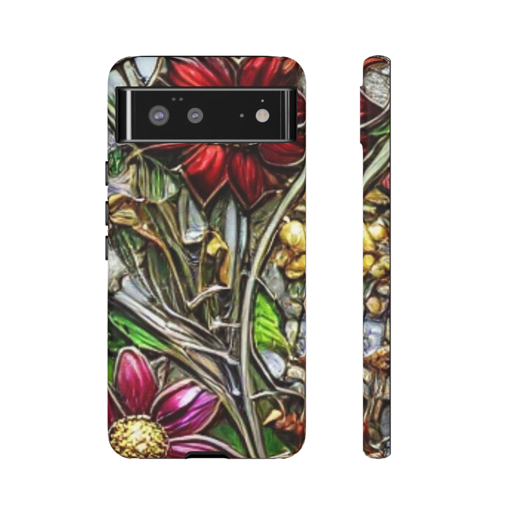 Floral Stained Glass Phone Case – Metallic Red & Purple Flower Design