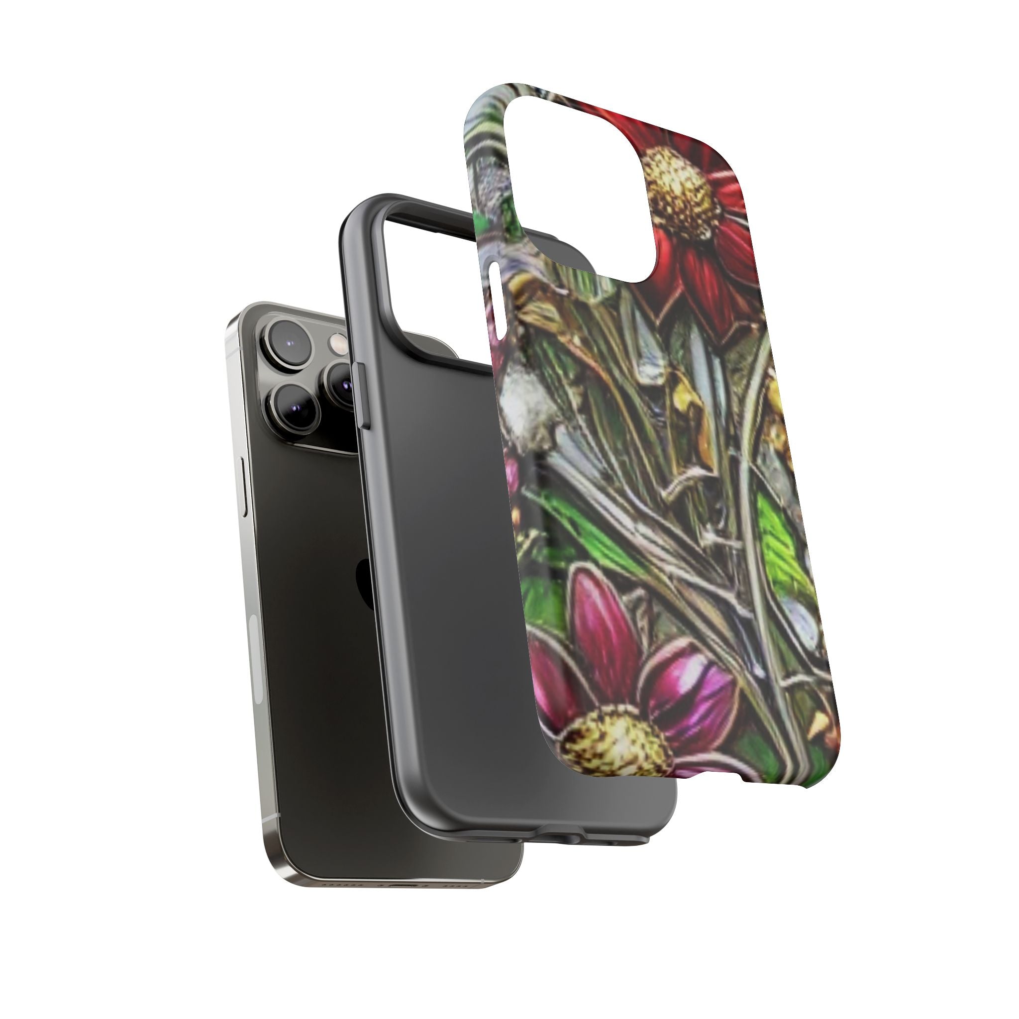 Floral Stained Glass Phone Case – Metallic Red & Purple Flower Design