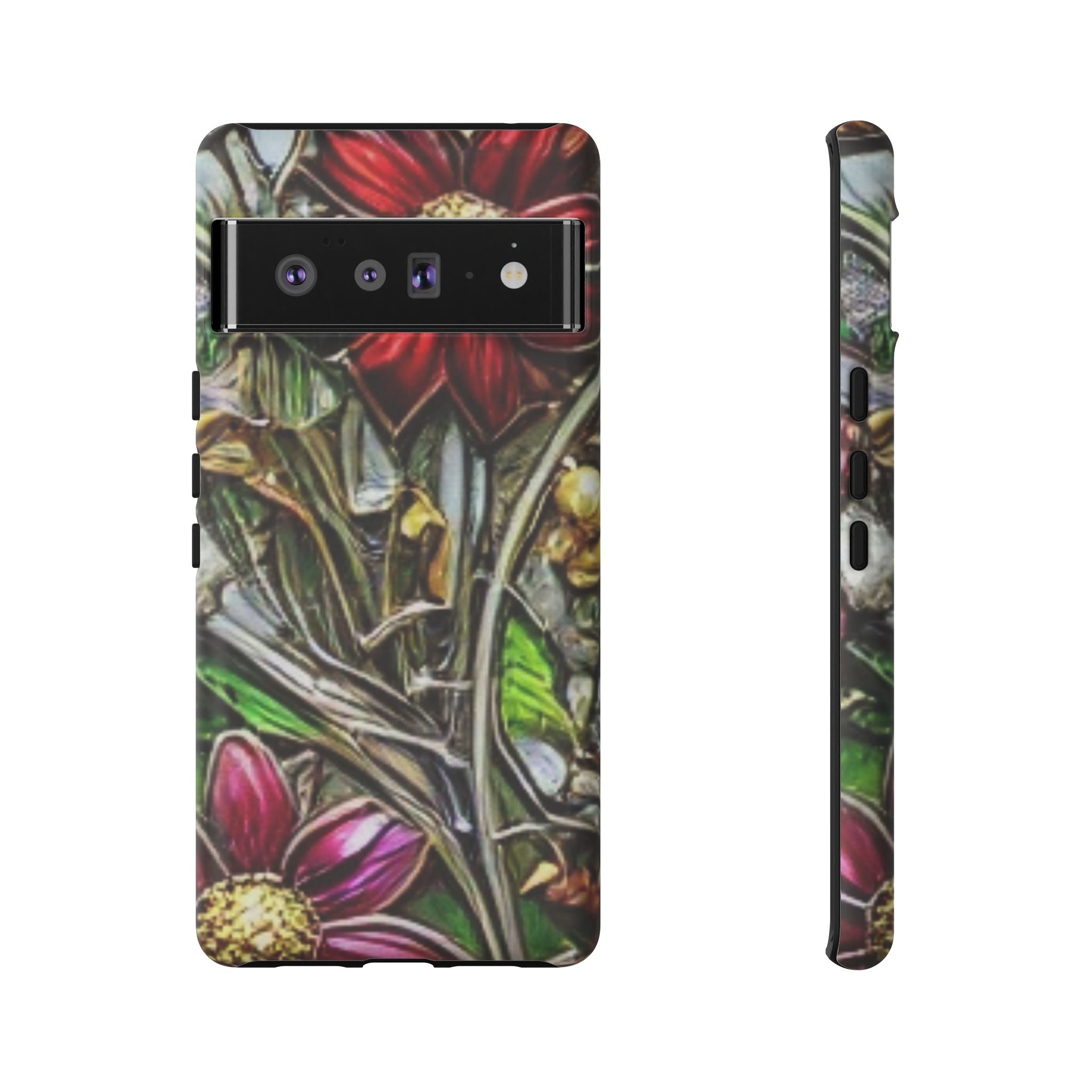 Floral Stained Glass Phone Case – Metallic Red & Purple Flower Design