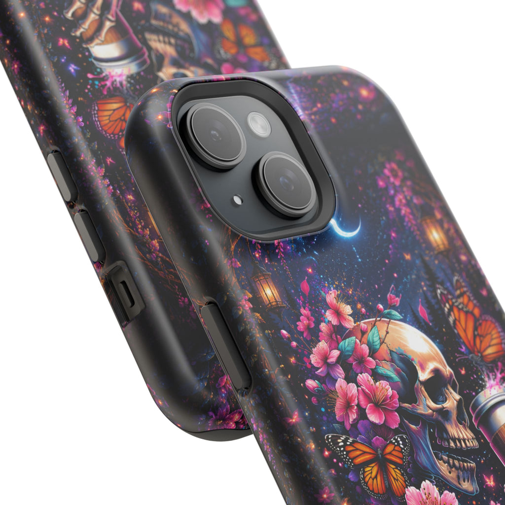 Skull & Cherry Blossom Phone Case – Floral Gothic MagSafe Cover